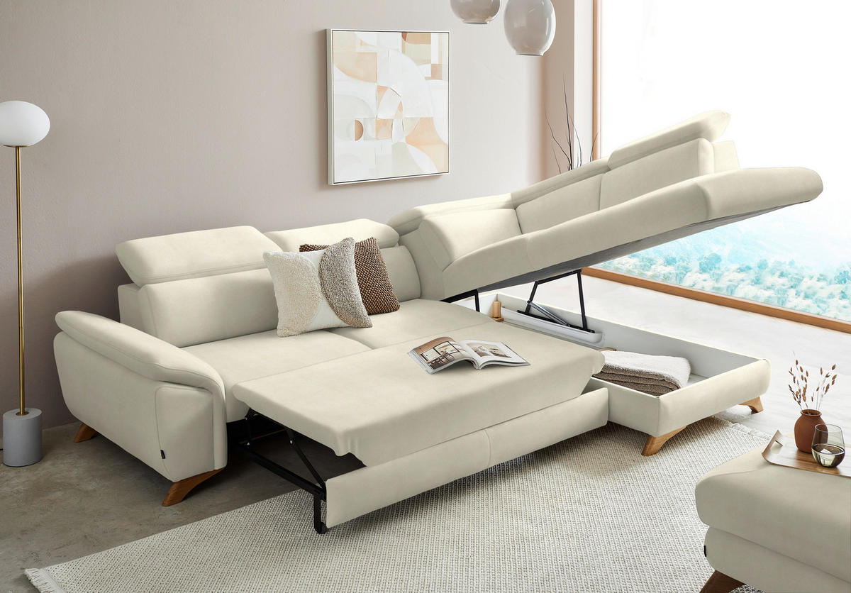 ECKSOFA in Flachgewebe Creme  - Eichefarben/Creme, Modern, Holz/Textil (287/212cm) - Valnatura