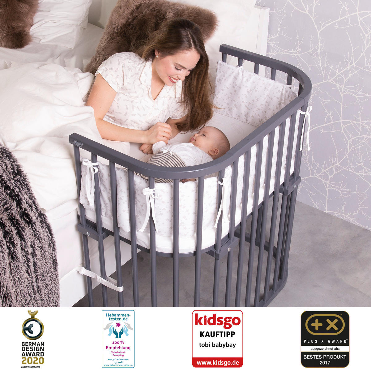 BEISTELLBETT Babybay Boxspring 96,5/54/96 cm  - Schieferfarben/Grau, Basics, Holz (96,5/54/96cm) - Babybay