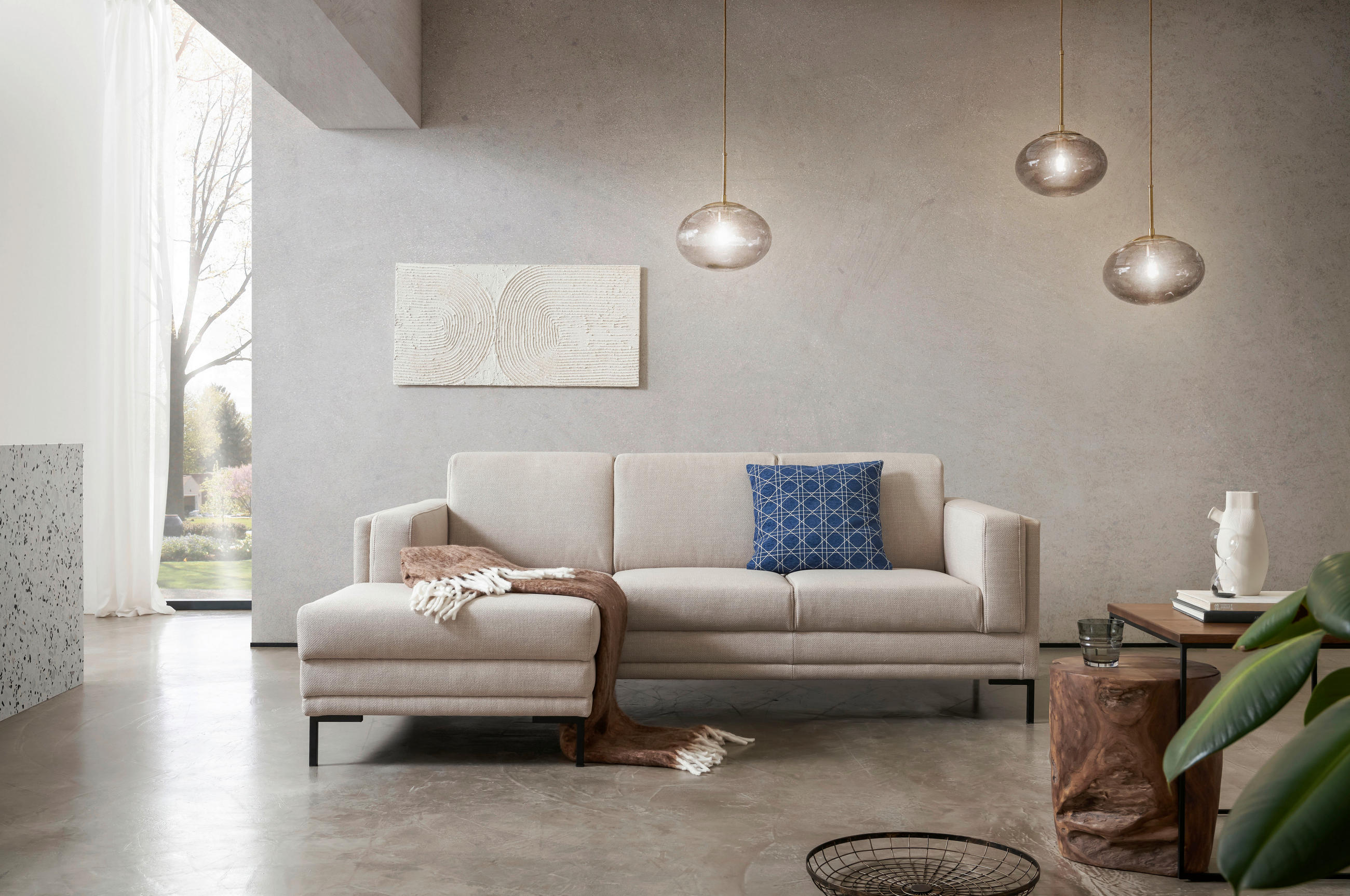 ECKSOFA Beige Webstoff - Beige/Schwarz, Design, Textil/Metall (214/146cm) - LOOKS by W.Joop