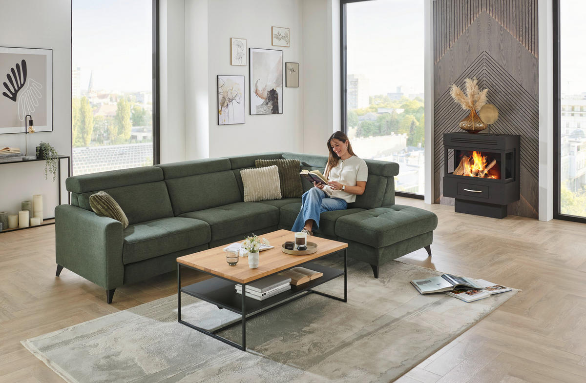 ECKSOFA Beldomo System Dunkelgrün Flachgewebe Kopfteilverstellung  - Dunkelgrün/Schwarz, KONVENTIONELL, Textil/Metall (276/214cm) - Beldomo System