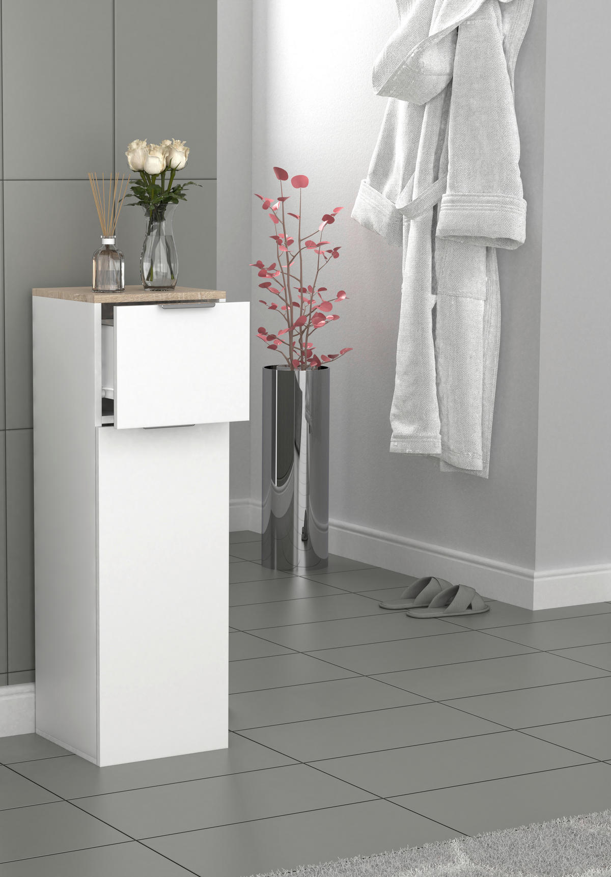 HÖG BYRÅ  i 30/95/30 cm  - vit/Sonoma ek, Modern, metall/trämaterial (30/95/30cm) - MID.YOU