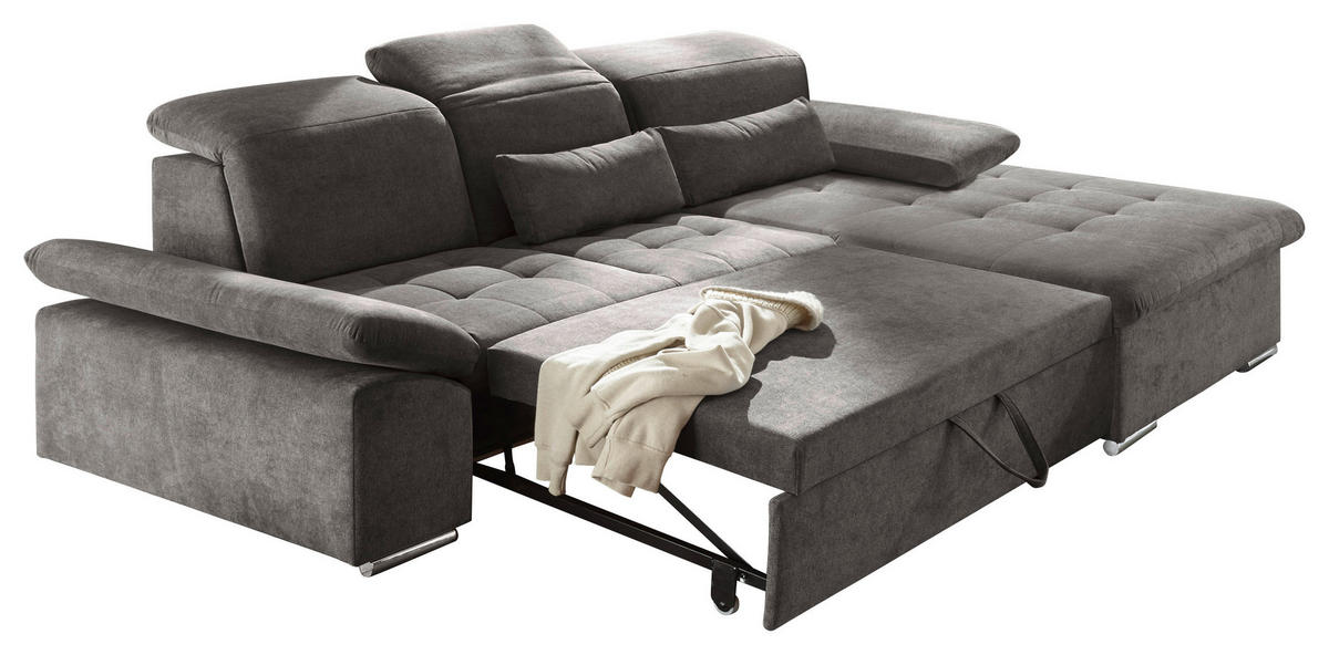 ECKSOFA Dunkelgrau Mikrovelours  - Dunkelgrau/Silberfarben, KONVENTIONELL, Kunststoff/Textil (276/188cm) - MID.YOU
