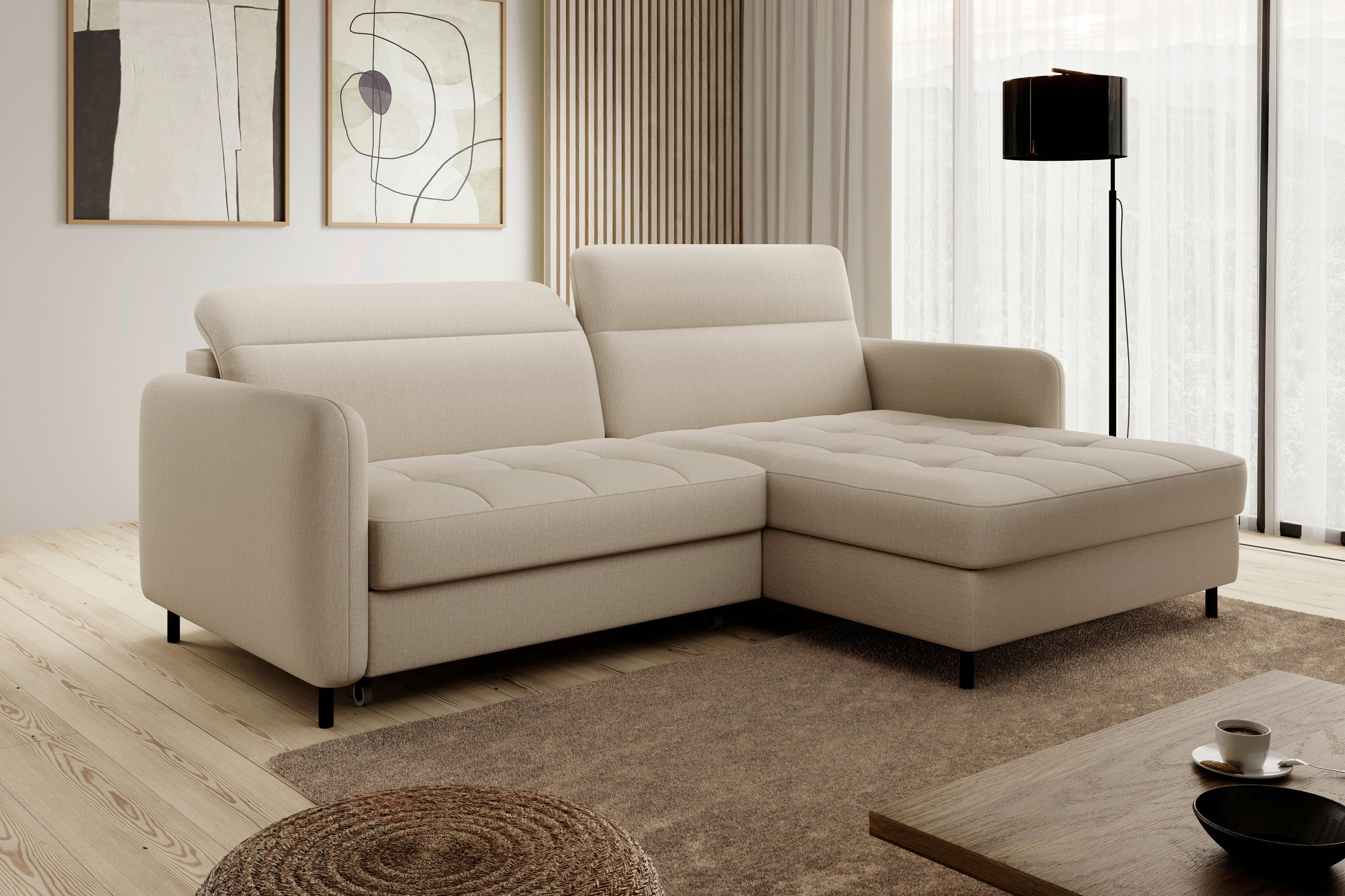 ECKSOFA Creme Velours  - Creme/Schwarz, Design, Textil/Metall (228/165cm) - MID.YOU