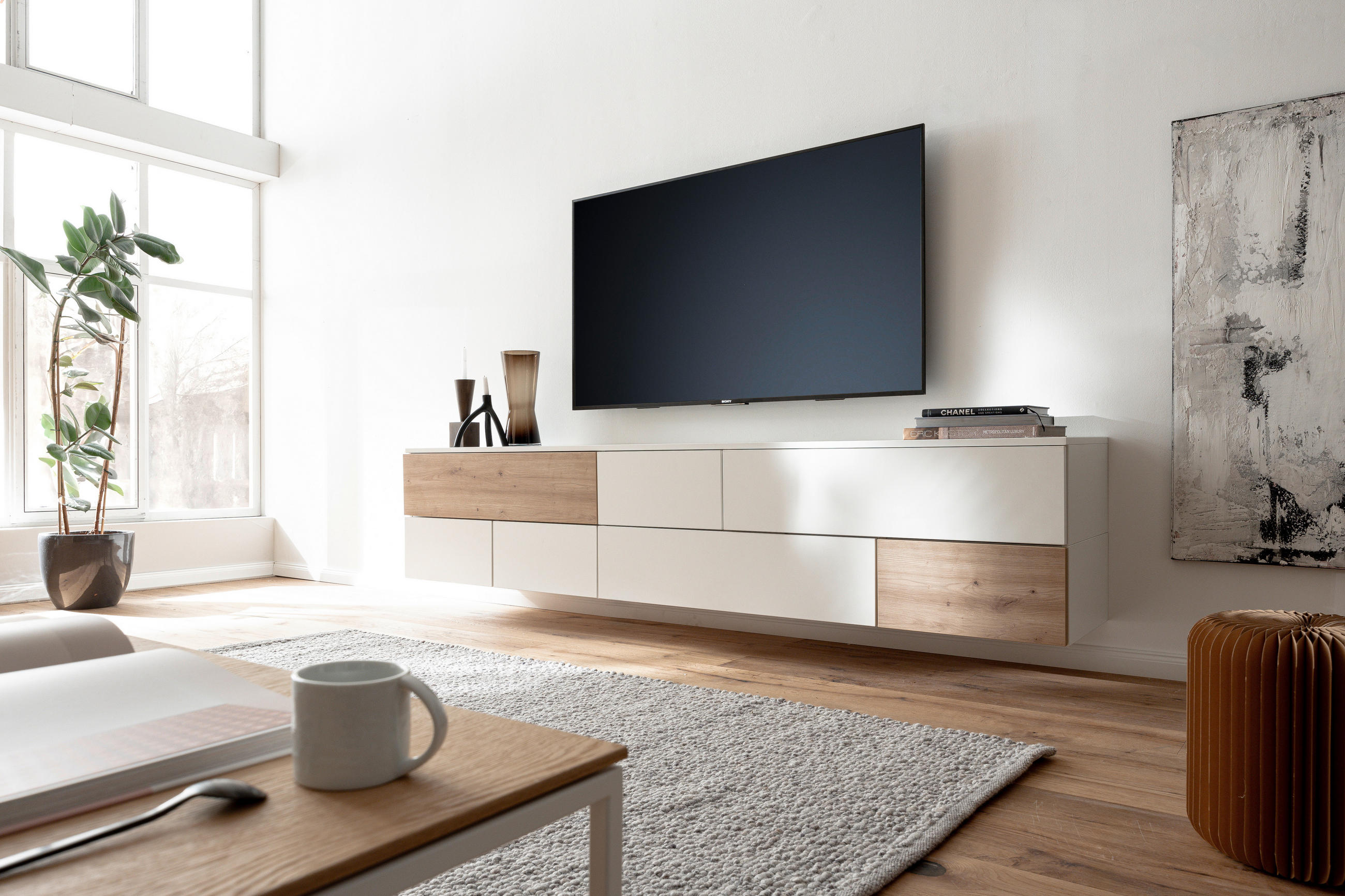 Thumbnail - Moderano Lowboard, Weiß, Eiche Artisan, Holzwerkstoff, 7 Schubladen, 250x52x45 cm, Handmade in Germany, Typenauswahl, hä...