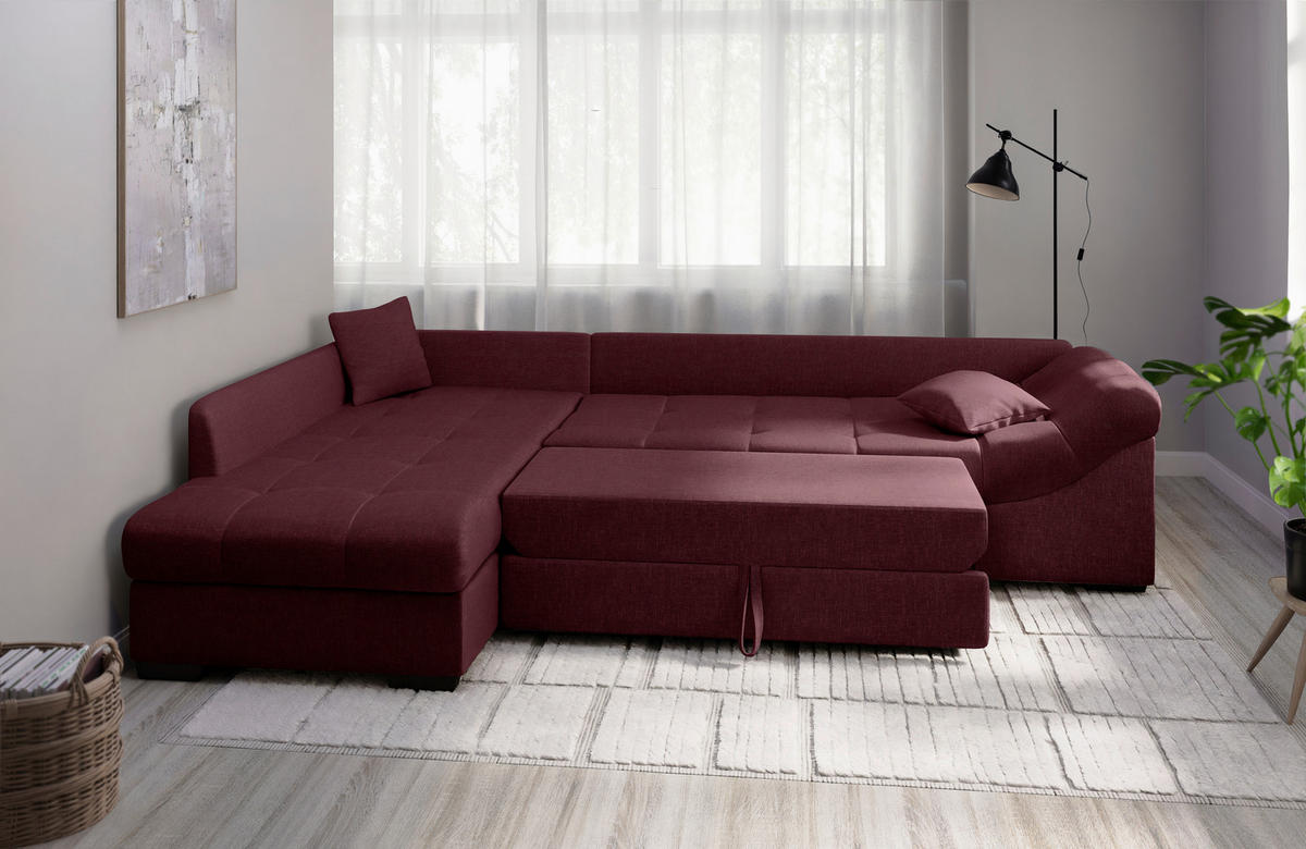 ECKSCHLAFSOFA Bordeaux Mikrofaser  - Bordeaux/Schwarz, MODERN, Holz/Textil (202/298cm) - MID.YOU