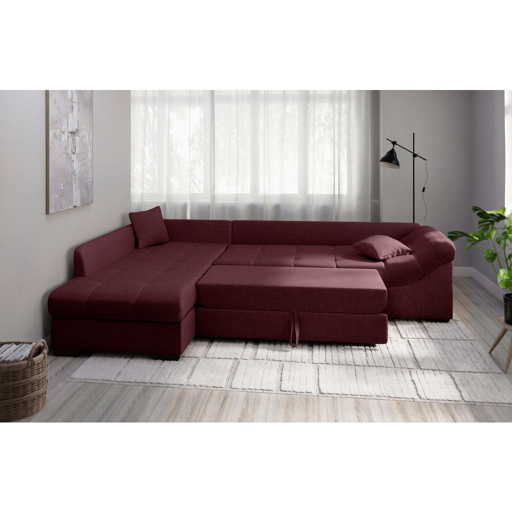 Thumbnail - Mid.you Eckschlafsofa Alvito, Bordeaux, Textil, Buche, Uni, 4-Sitzer, Füllung: Schaumstoff, 298x202 cm, Made in EU, Lieg...