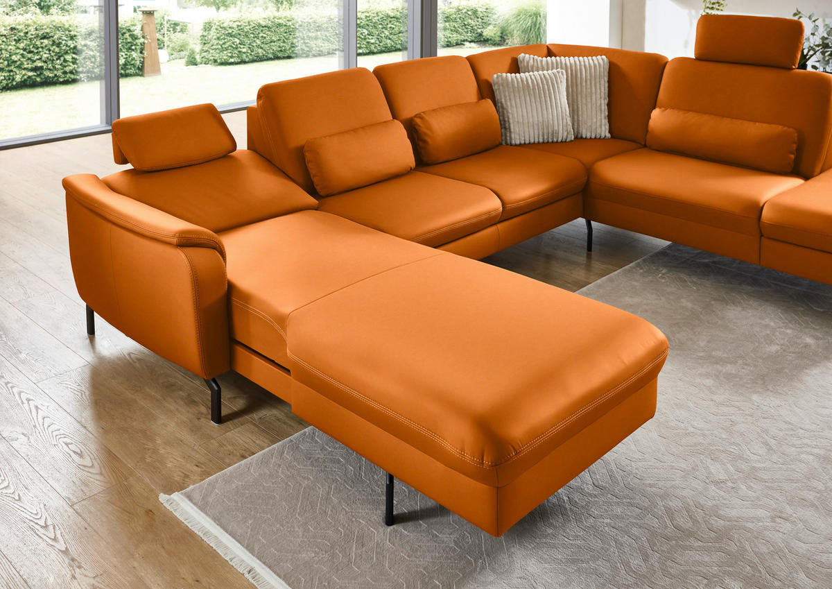 WOHNLANDSCHAFT Echtleder Orange  - Schwarz/Orange, Konventionell, Leder/Metall (168/306/224cm) - Beldomo Premium