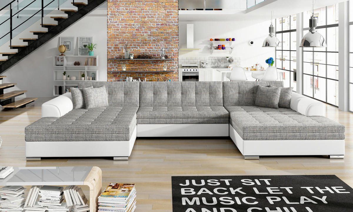 WOHNLANDSCHAFT Grau, Weiß Webstoff  - Chromfarben/Weiß, Design, Kunststoff/Textil (165/359/165cm) - MID.YOU