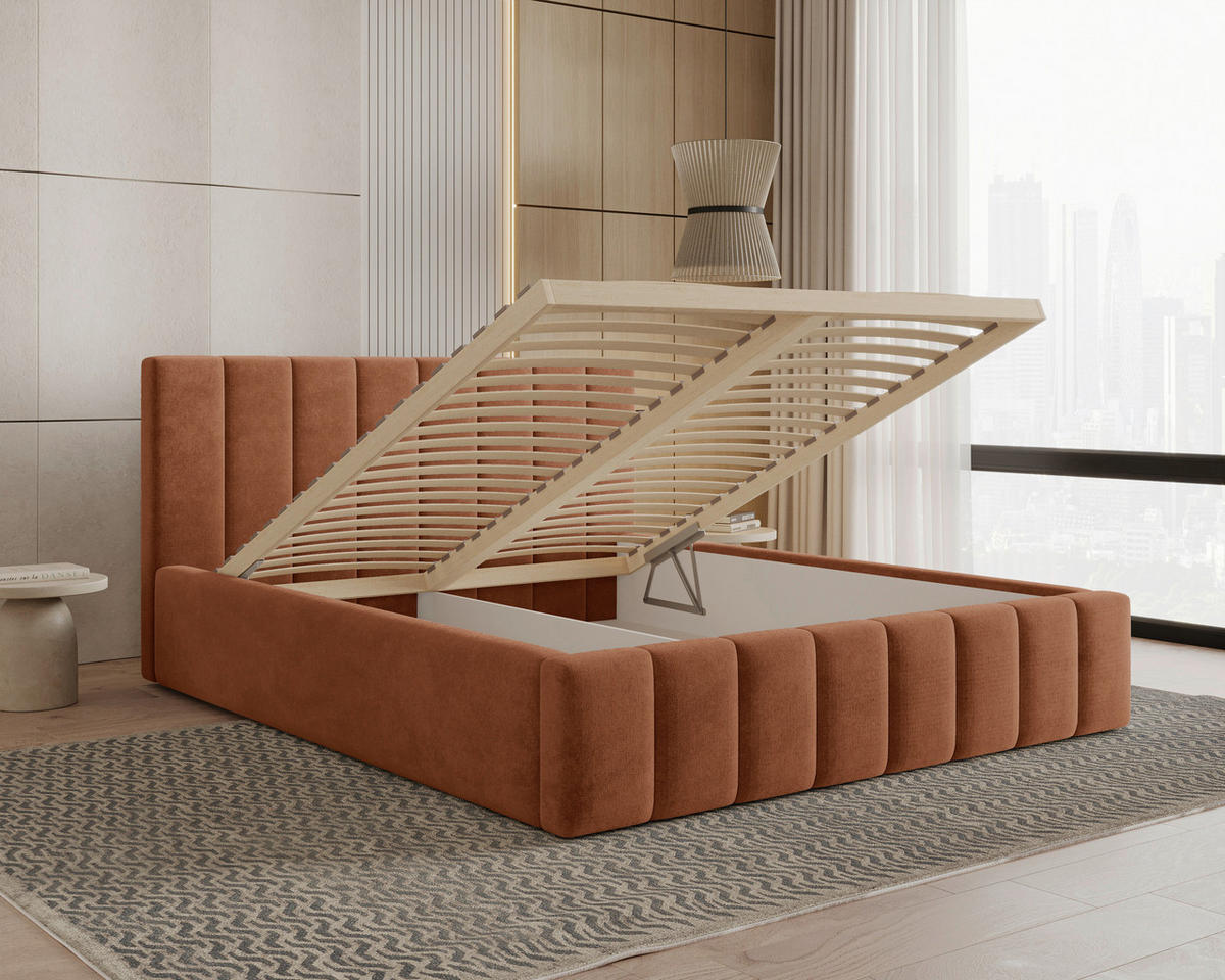 POLSTERBETT 160/200 cm,  in Terracotta, Lattenrost, Bettkasten,  - Terracotta/Schwarz, MODERN, Holz/Kunststoff (160/200cm) - Livetastic