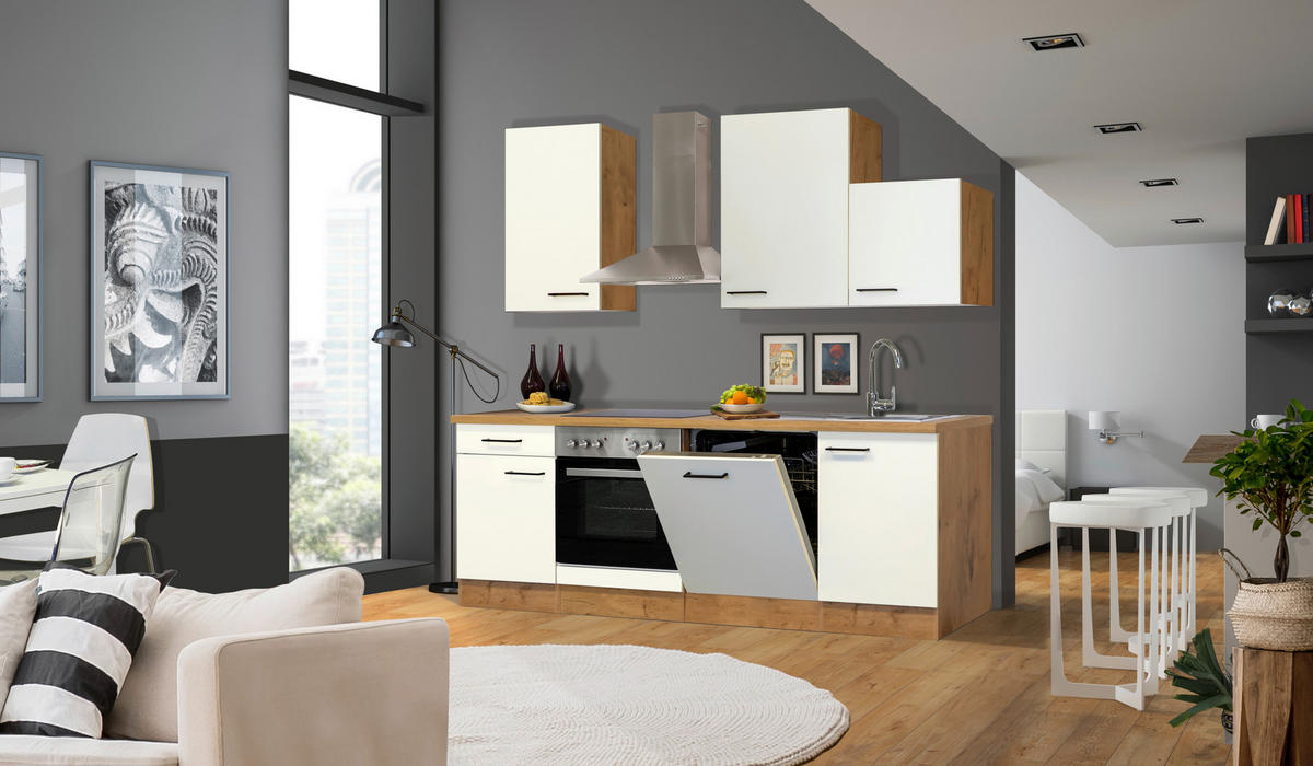 KÜCHENBLOCK 220 cm   in Eichefarben, Magnolie  - Eichefarben/Magnolie, MODERN, Holzwerkstoff/Metall (220cm) - FlexWell