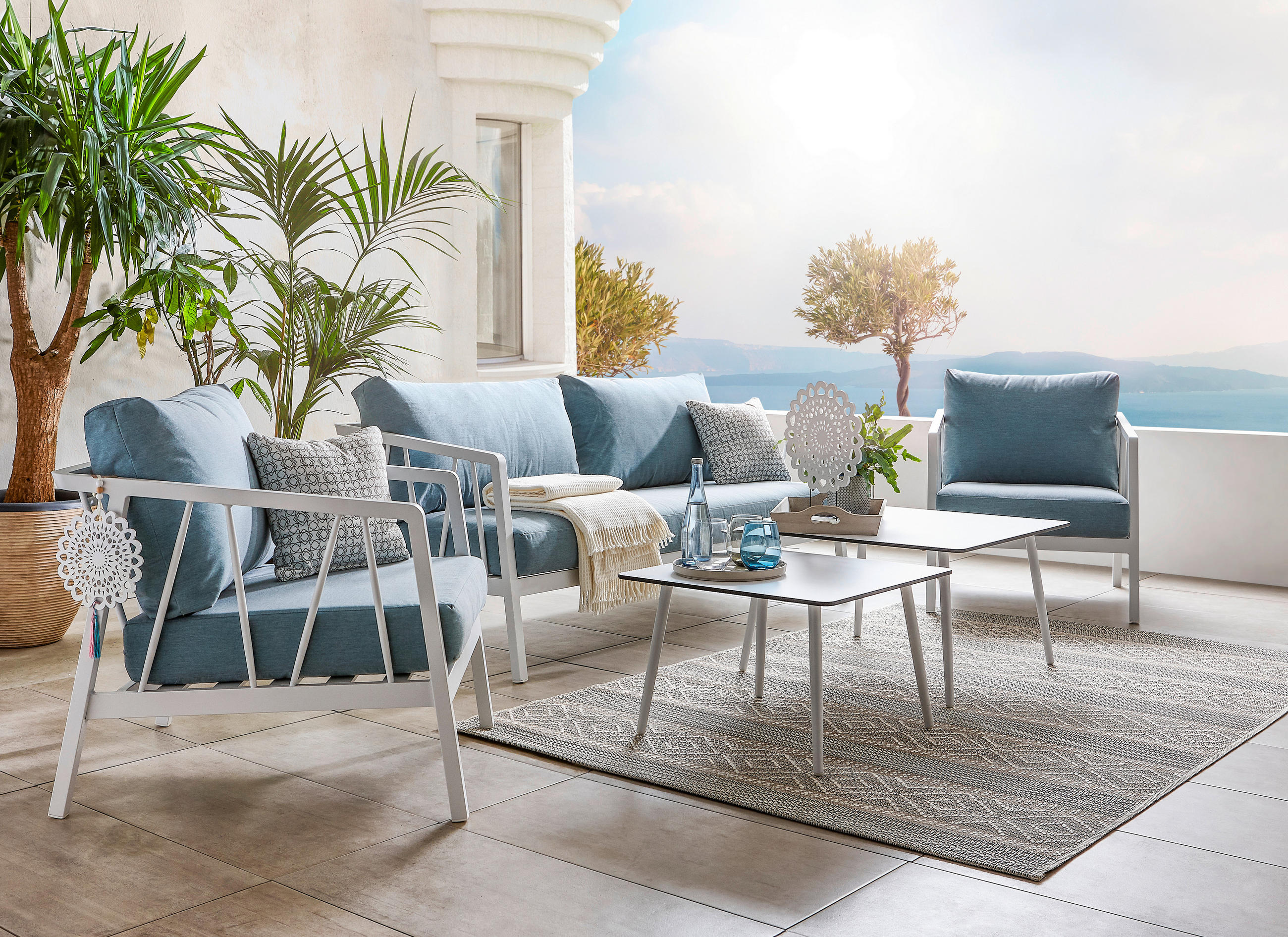 LOUNGE GARNITURA aluminij  - modra/siva, Moderno, kovina/umetna masa (180/90/80cm) - Amatio