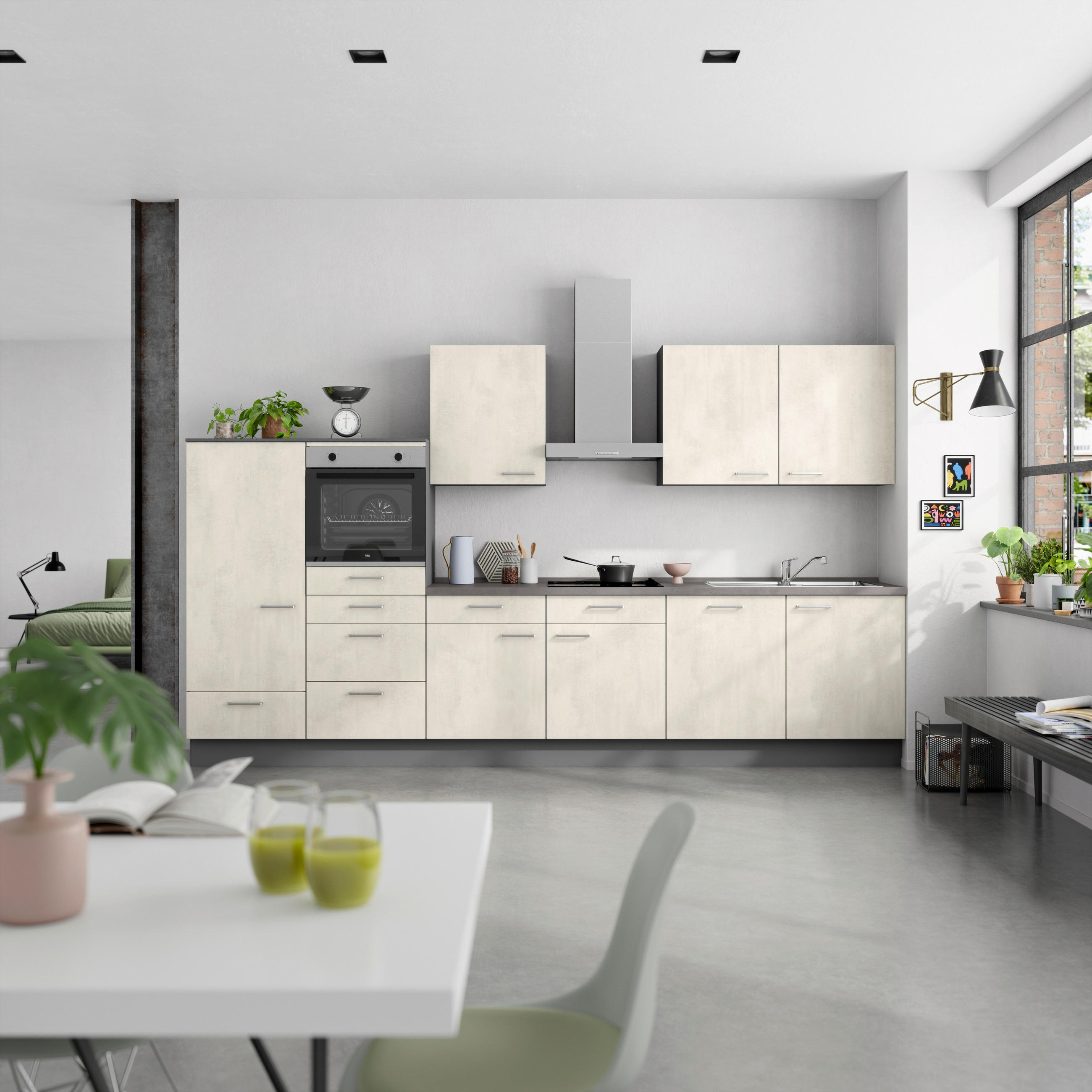 KÜCHENBLOCK Riva 360 cm  in Weiß, Schieferfarben  - Schieferfarben/Edelstahlfarben, MODERN, Holzwerkstoff/Metall (360cm) - Nobilia