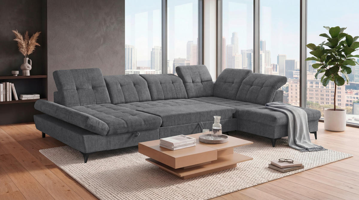 WOHNLANDSCHAFT Mikrovelours Anthrazit  - Anthrazit/Schwarz, Modern, Kunststoff/Textil (169/348/245cm) - MID.YOU