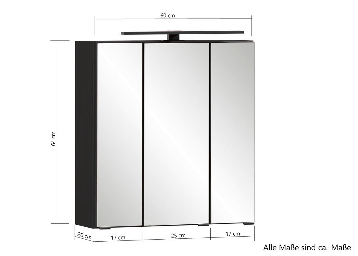 SPIEGELSCHRANK 60/64/20 cm  - Schwarz/Graphitfarben, KONVENTIONELL, Glas/Holzwerkstoff (60/64/20cm) - Xora