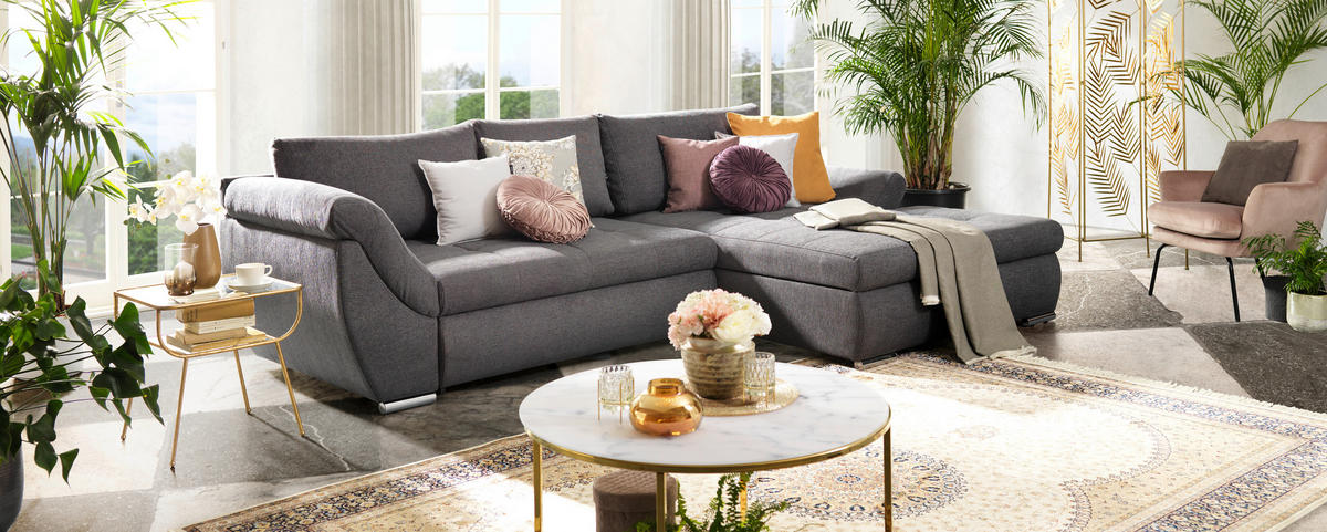 ECKSOFA in Flachgewebe Grau  - Silberfarben/Grau, Design, Textil/Metall (306/174cm) - MID.YOU