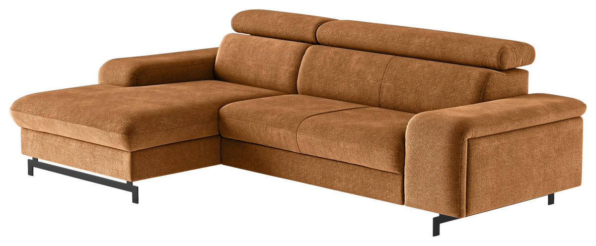 Ecksofa mit Bettkasten Emma in Chenille Cognac  - Cognac/Schwarz, Textil/Metall (165/267cm) - MID.YOU