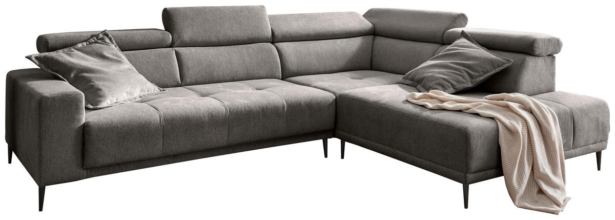 ECKSOFA INTERA Graubraun Chenille Kopfteilverstellung, Sitzvorzug  - Graubraun/Schwarz, KONVENTIONELL, Textil/Metall (305/225cm) - Livetastic