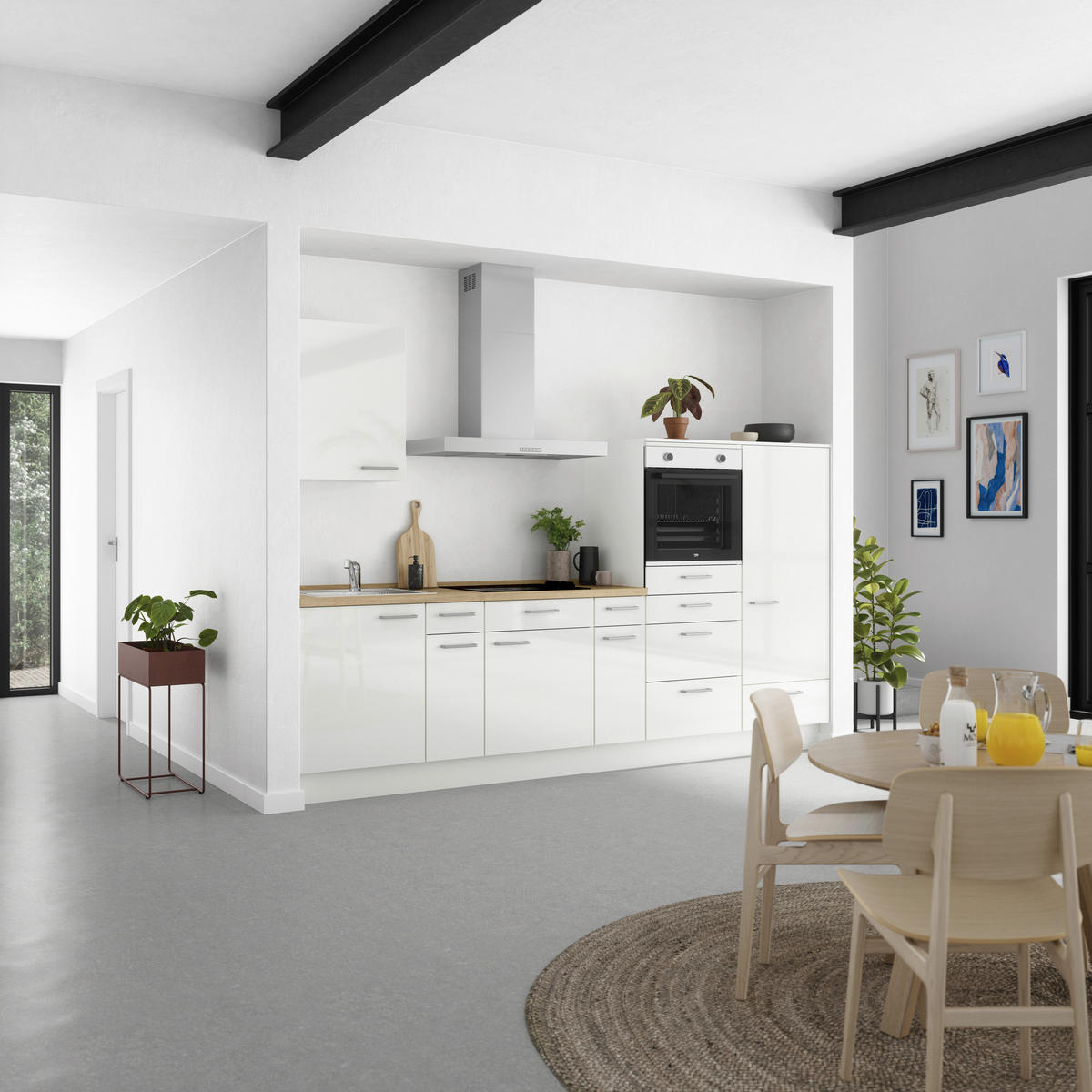 KÜCHENLEERBLOCK 300 cm   in Eichefarben, Weiß Hochglanz  - Edelstahlfarben/Eichefarben, MODERN, Holzwerkstoff/Metall (300cm) - Nobilia