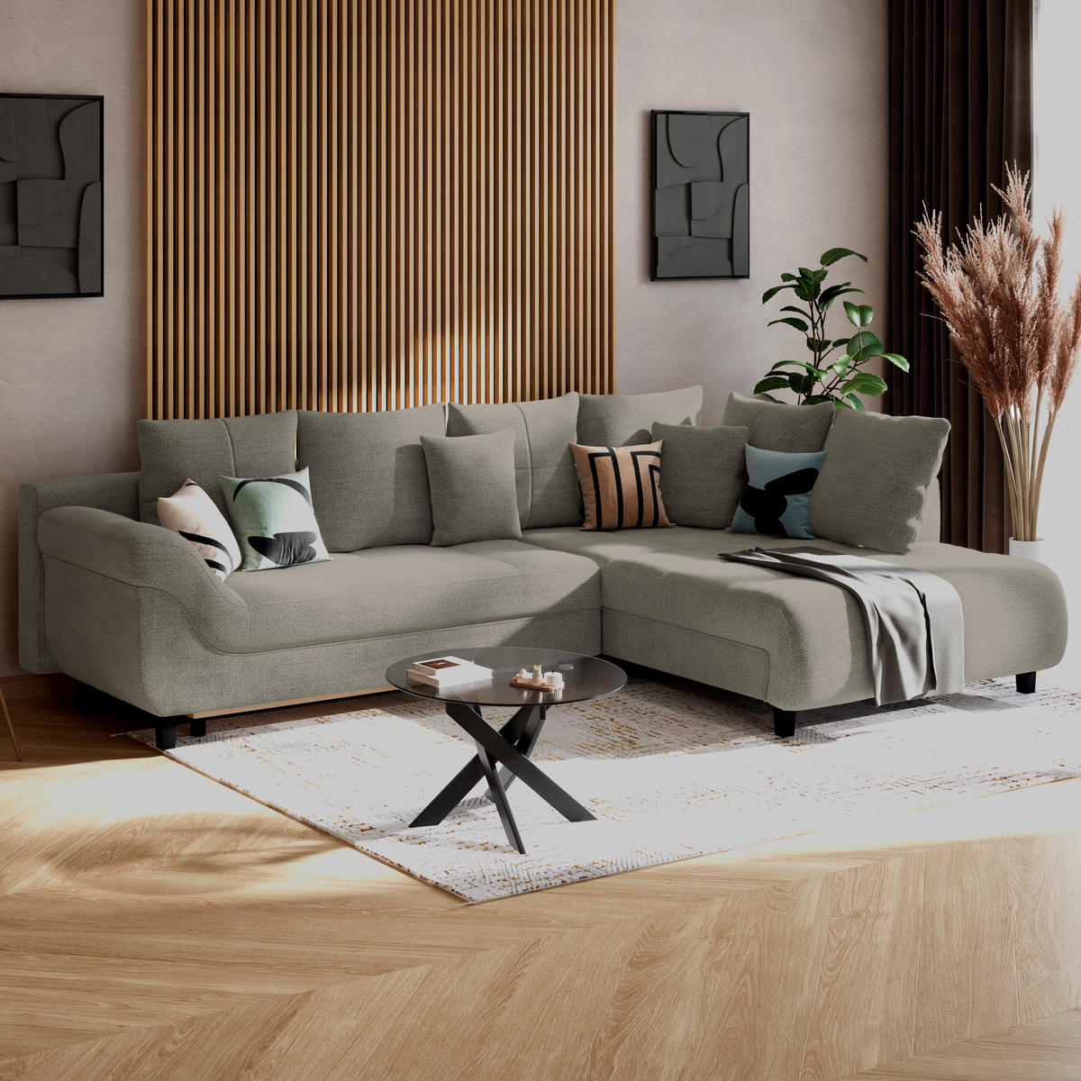 ECKSOFA Chenille, Struktur Sandfarben  - Sandfarben/Schwarz, Konventionell, Textil (309/197cm) - MID.YOU