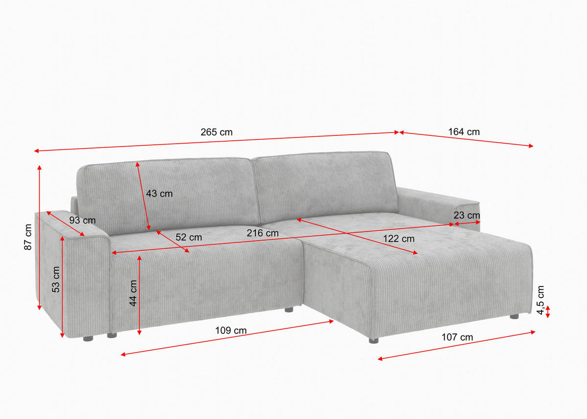 ECKSOFA CHANCE Dunkelgrau Cord  - Dunkelgrau/Schwarz, MODERN, Kunststoff/Textil (265/164cm) - Trendmanufaktur