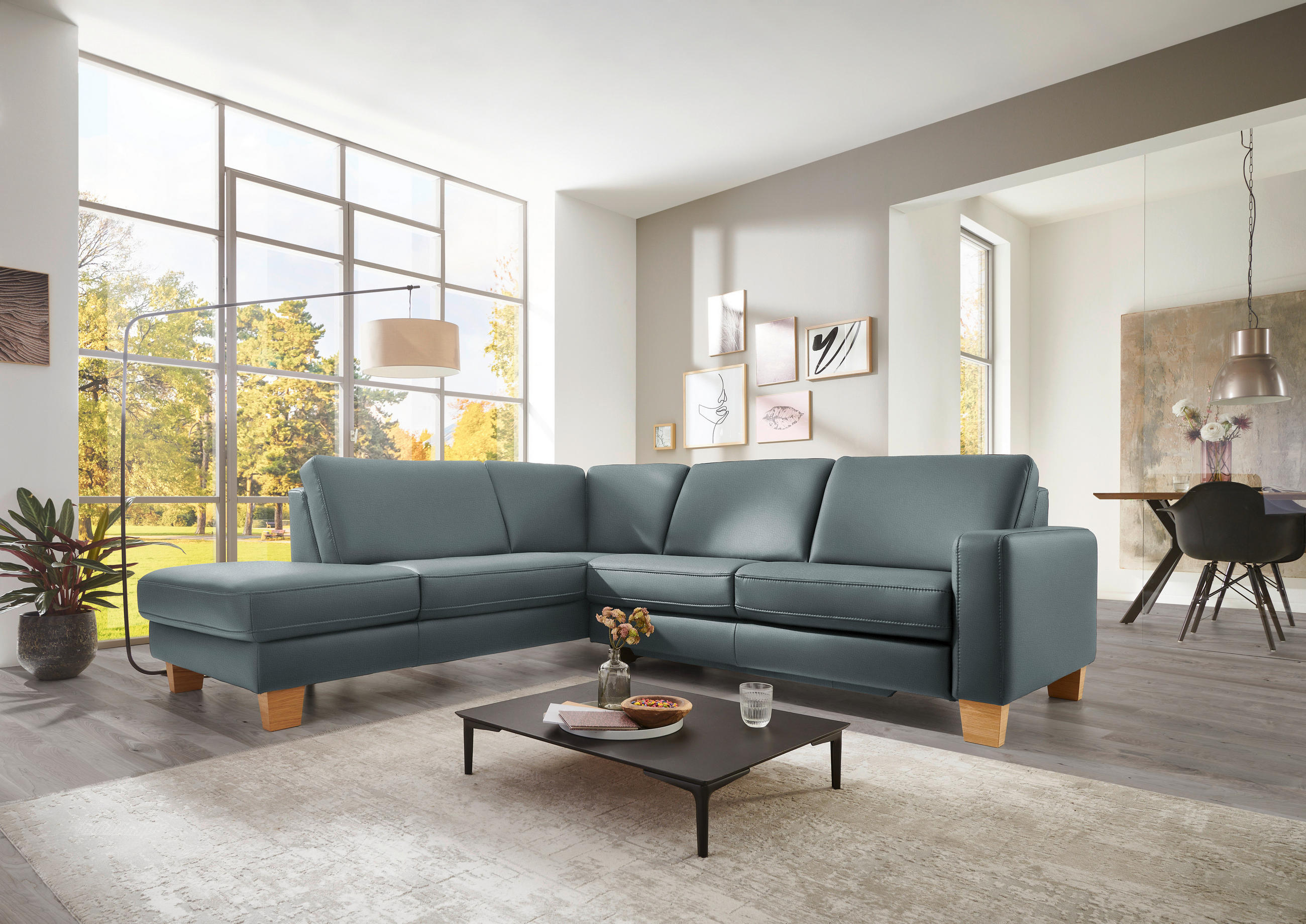 ECKSOFA in Echtleder Blaugrau  - Eiche Bianco/Blaugrau, Konventionell, Leder/Holz (235/257cm) - Valdera