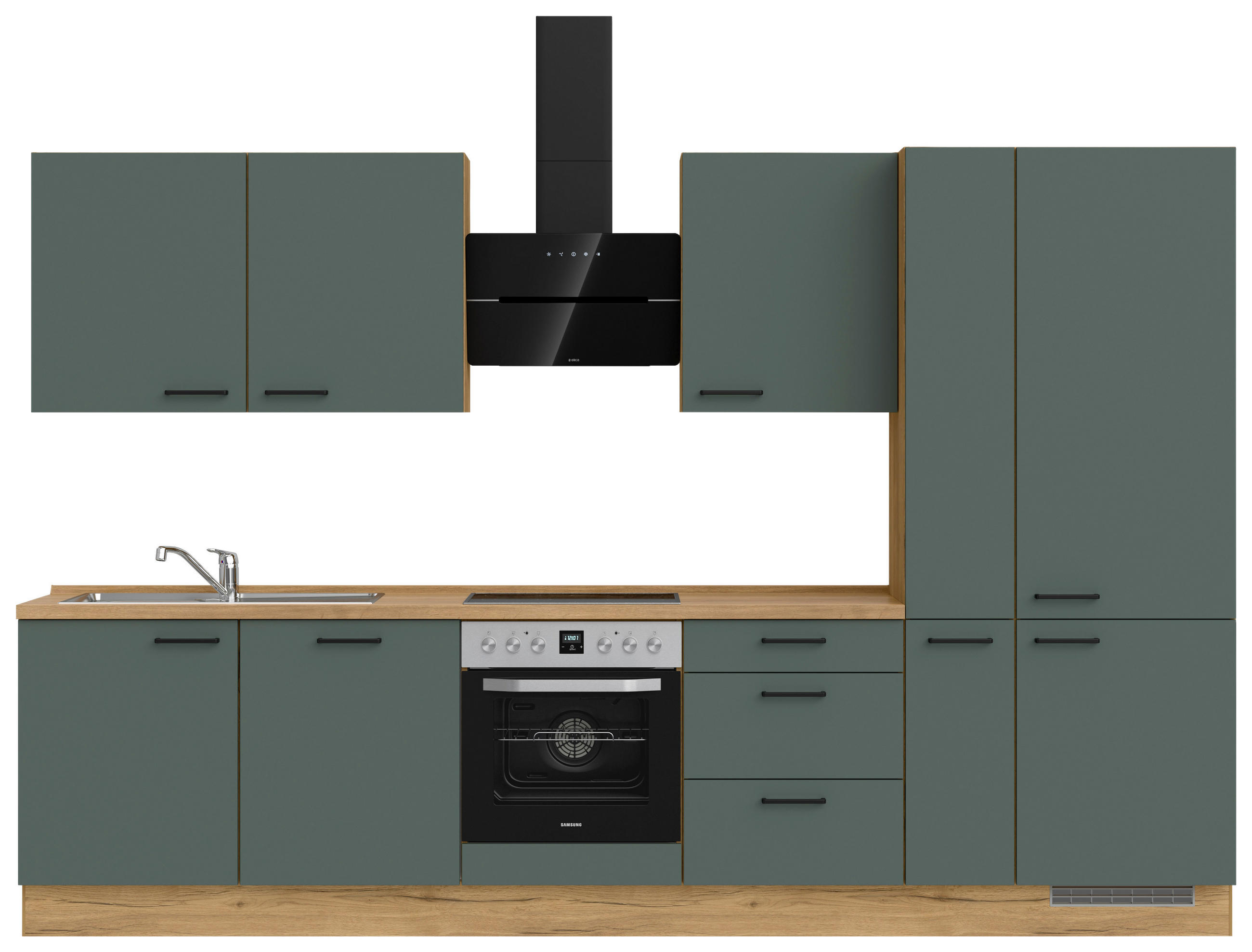 KÜCHENBLOCK 330 cm   in Eichefarben, Dunkelgrün  - Dunkelgrün/Eichefarben, MODERN, Holzwerkstoff/Metall (330cm) - Nobilia