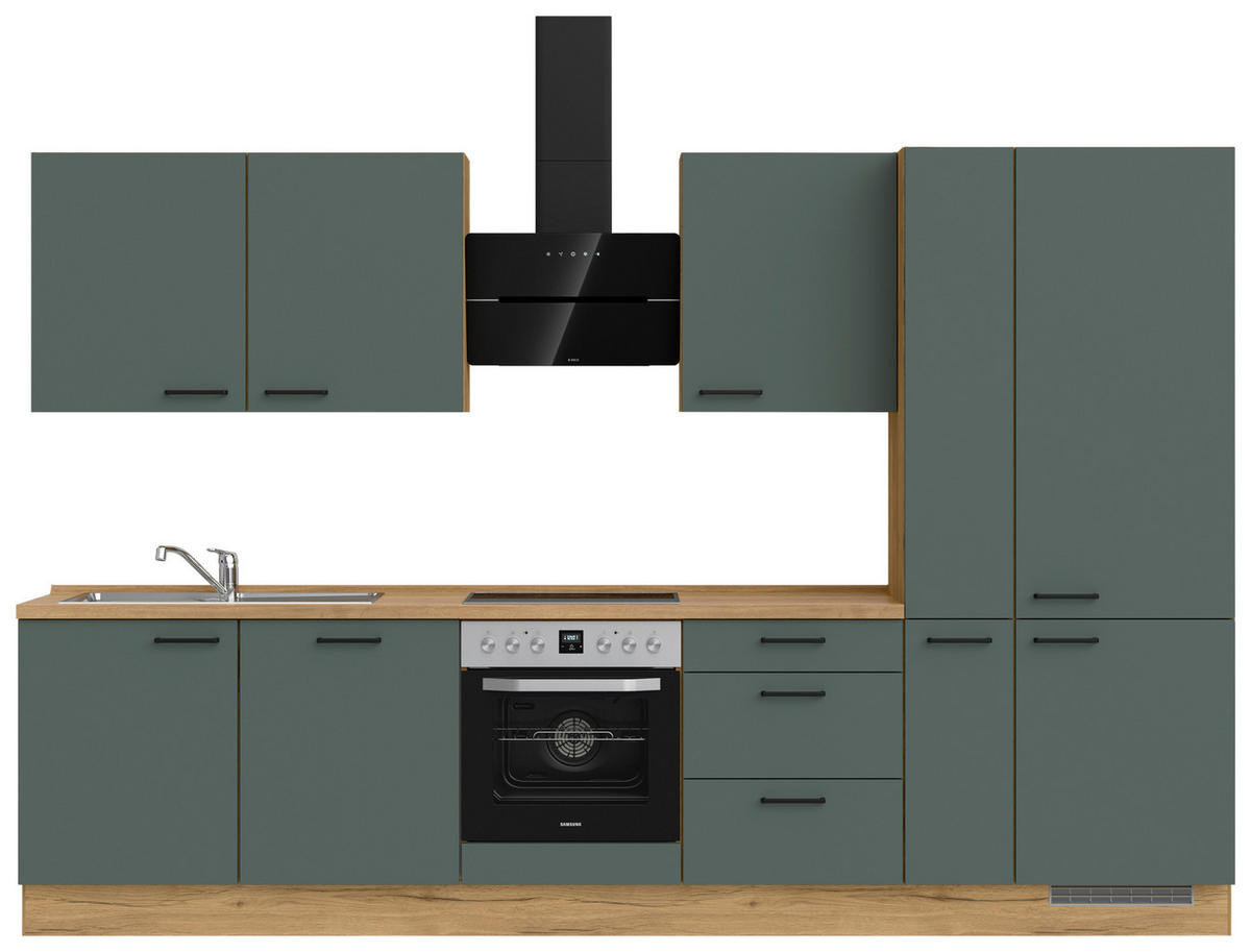 KÜCHENBLOCK 330 cm   in Eichefarben, Dunkelgrün  - Dunkelgrün/Eichefarben, MODERN, Holzwerkstoff/Metall (330cm) - Nobilia