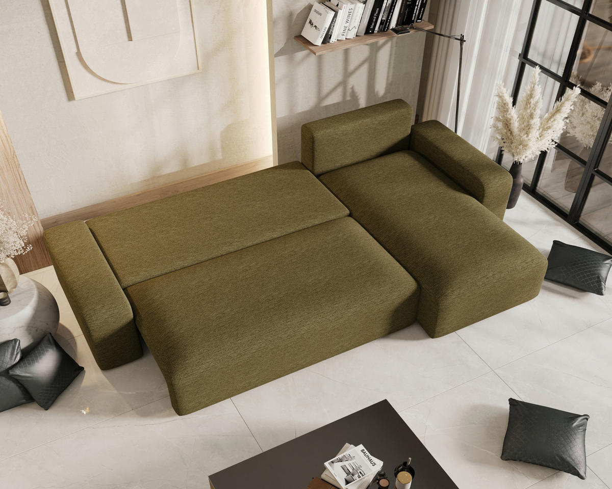 ECKSOFA Khaki Bouclé Zierkissen, Rückenkissen, Bettkasten, Schlaffunktion, Rücken echt, Stauraum  - Khaki/Schwarz, MODERN, Kunststoff/Textil (248/143cm) - Xora