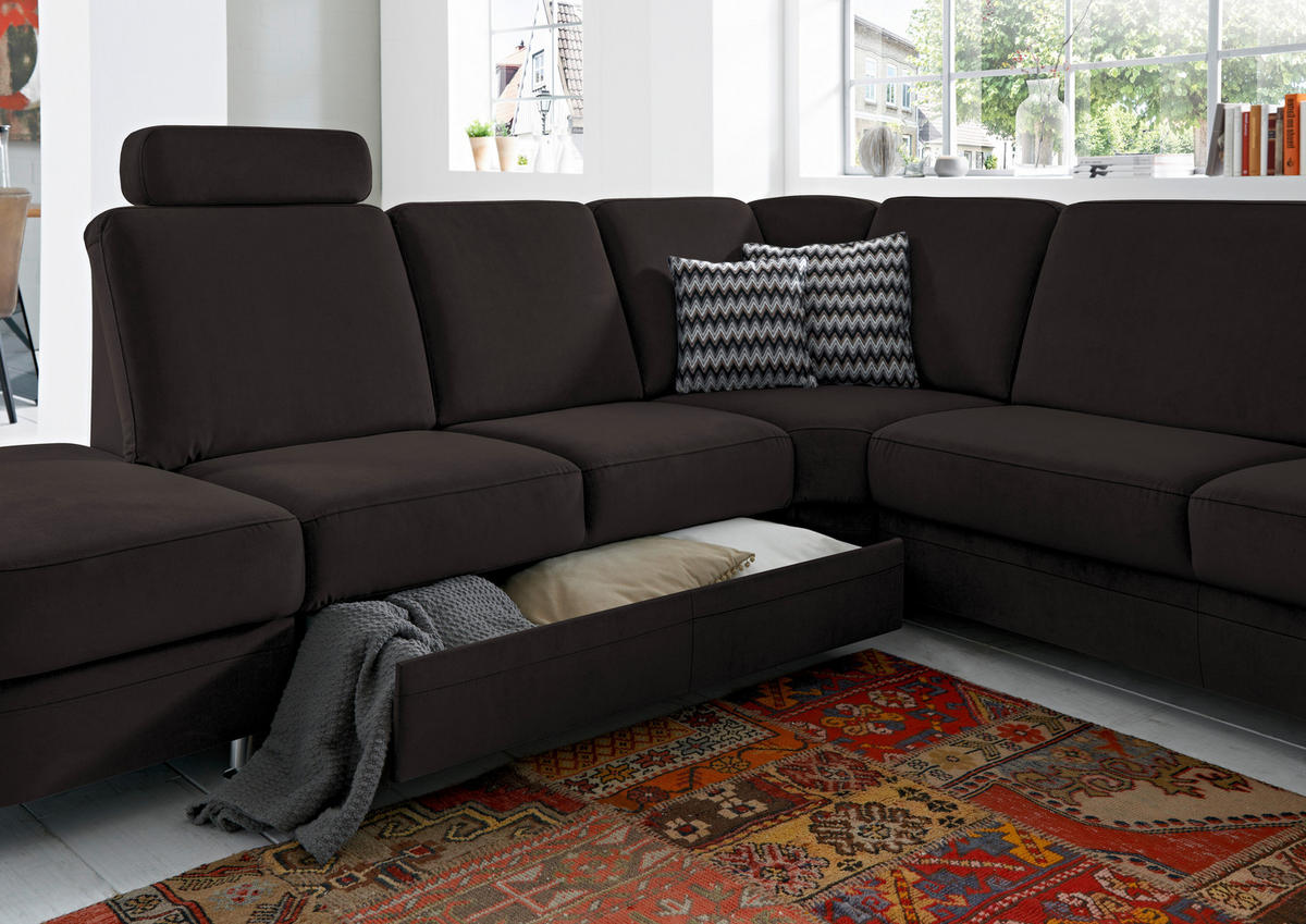 ECKSOFA in Flachgewebe Dunkelbraun  - Dunkelbraun/Alufarben, Konventionell, Textil/Metall (287/269cm) - Beldomo System