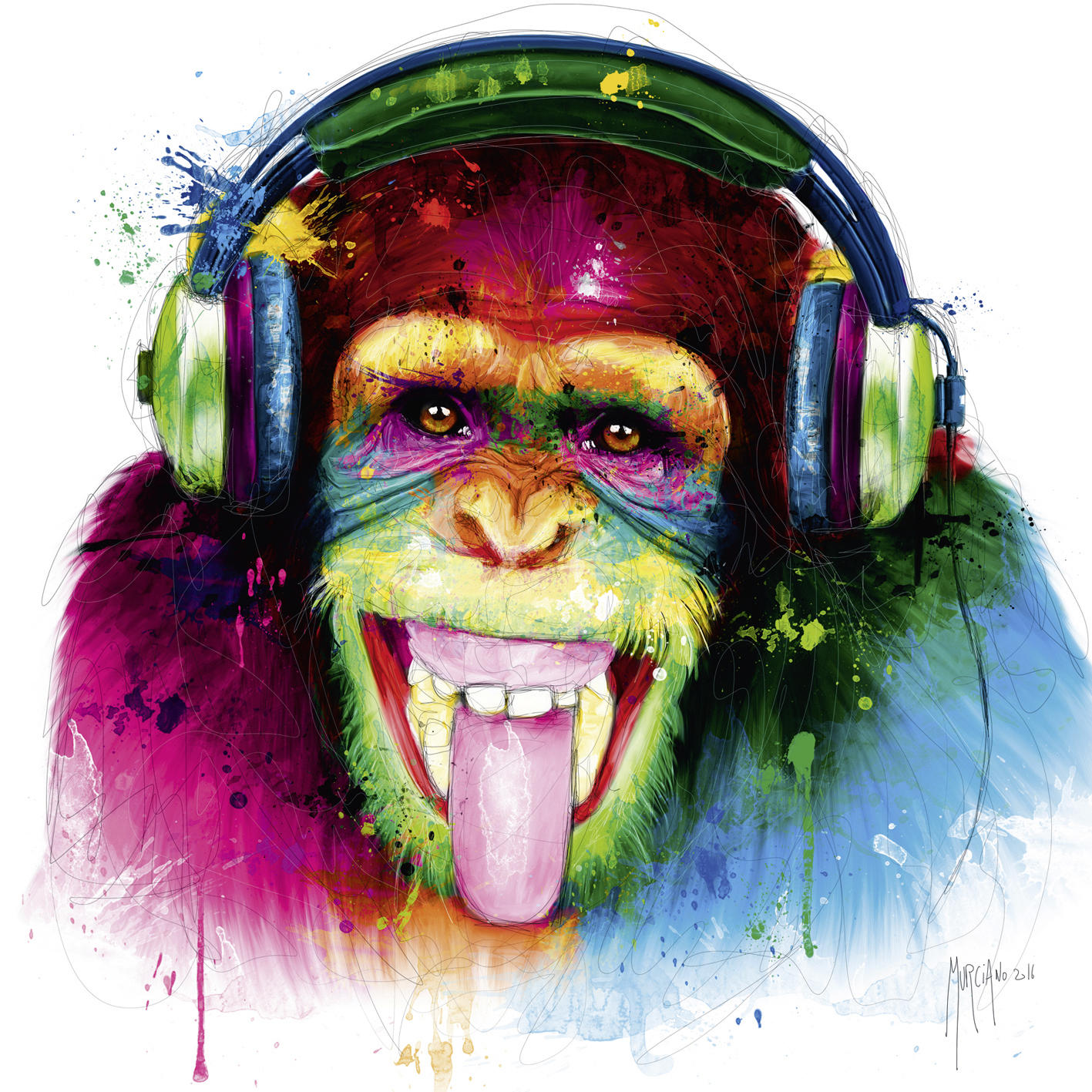 KUNSTDRUCK Tiere DJ Monkey  - Blau/Pink, Basics, Papier (50/50cm) - Monee