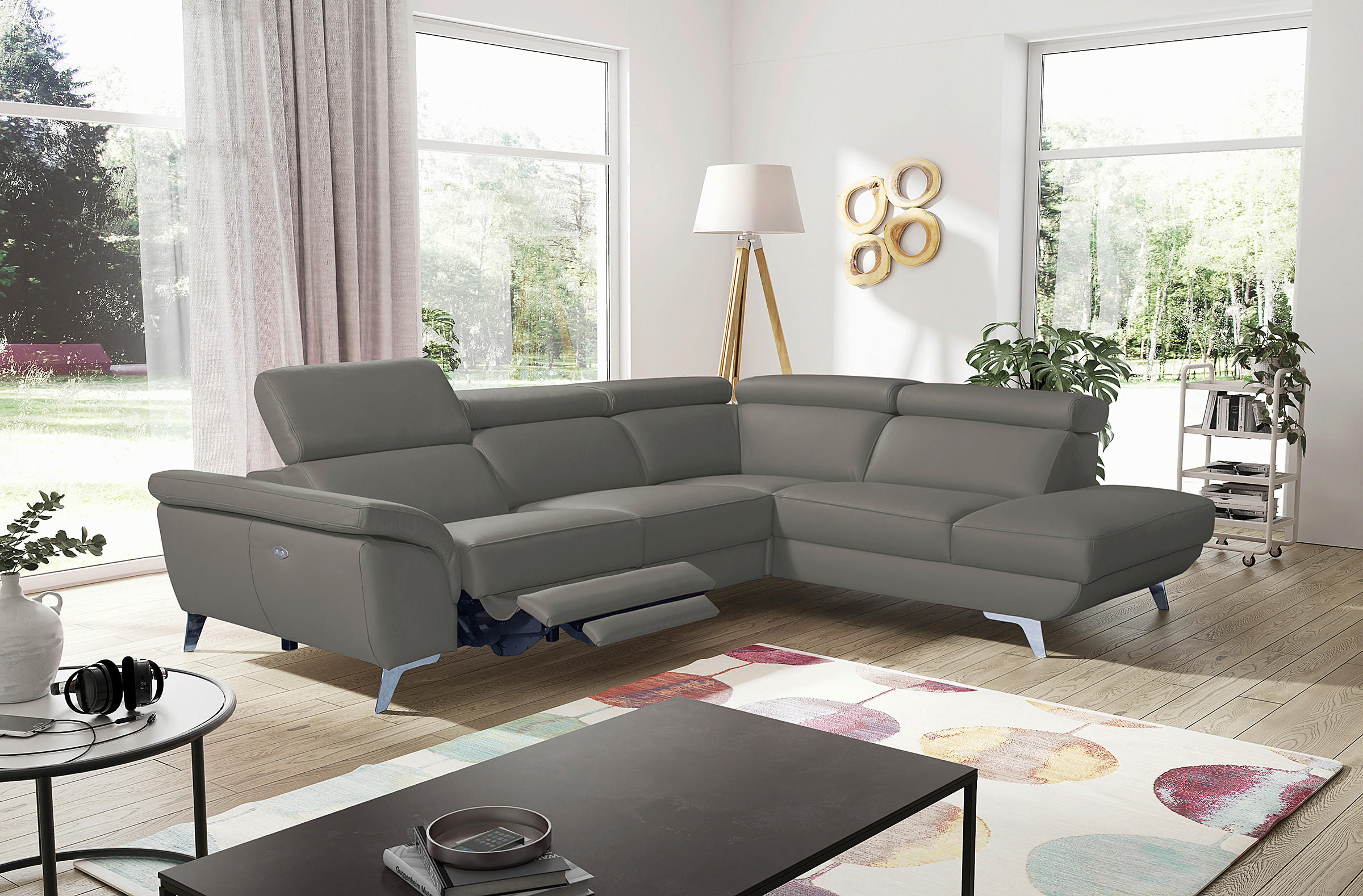 ECKSOFA  in Echtleder Grau  283/228 cm  - Silberfarben/Grau, Design, Leder/Metall (283/228cm) - Livetastic