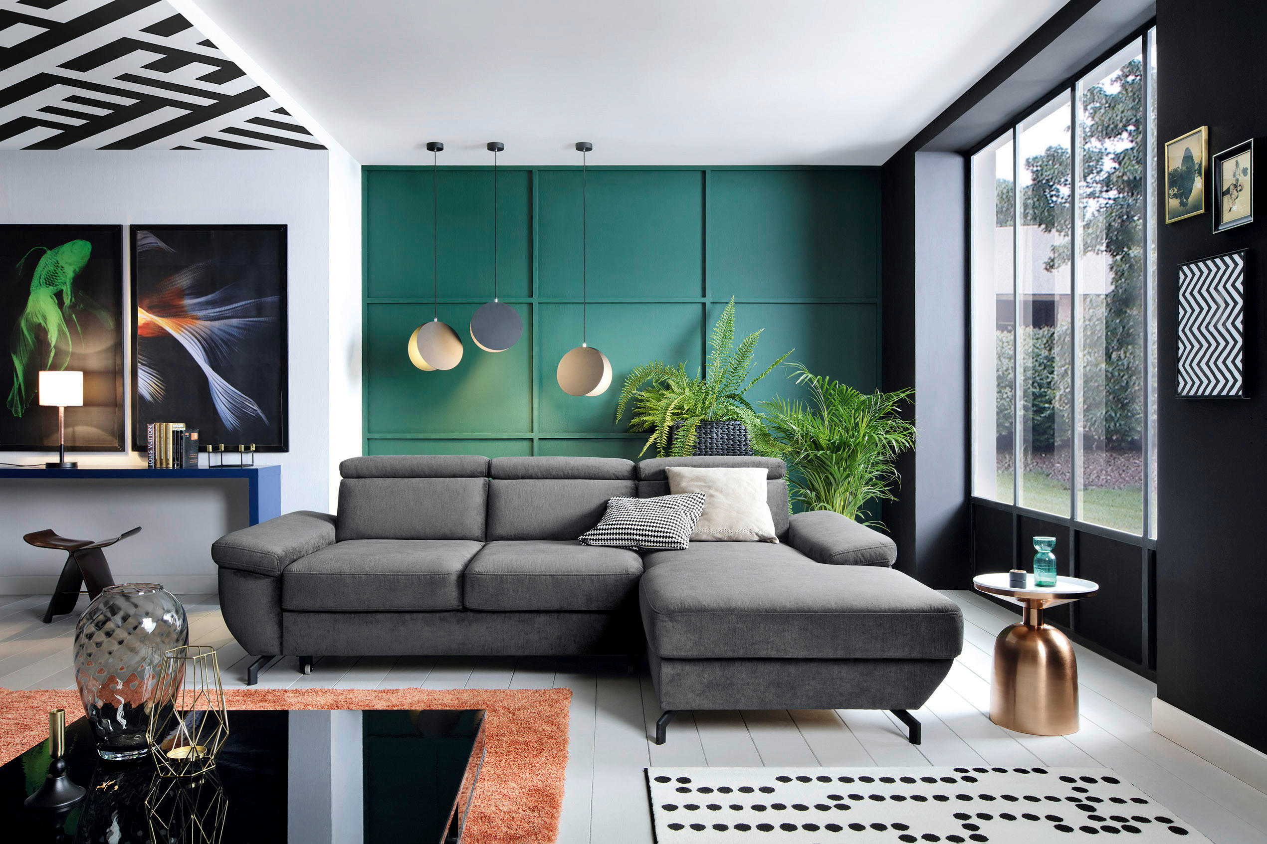 ECKSOFA in Velours Anthrazit  - Anthrazit/Silberfarben, MODERN, Textil/Metall (262/182cm) - MID.YOU