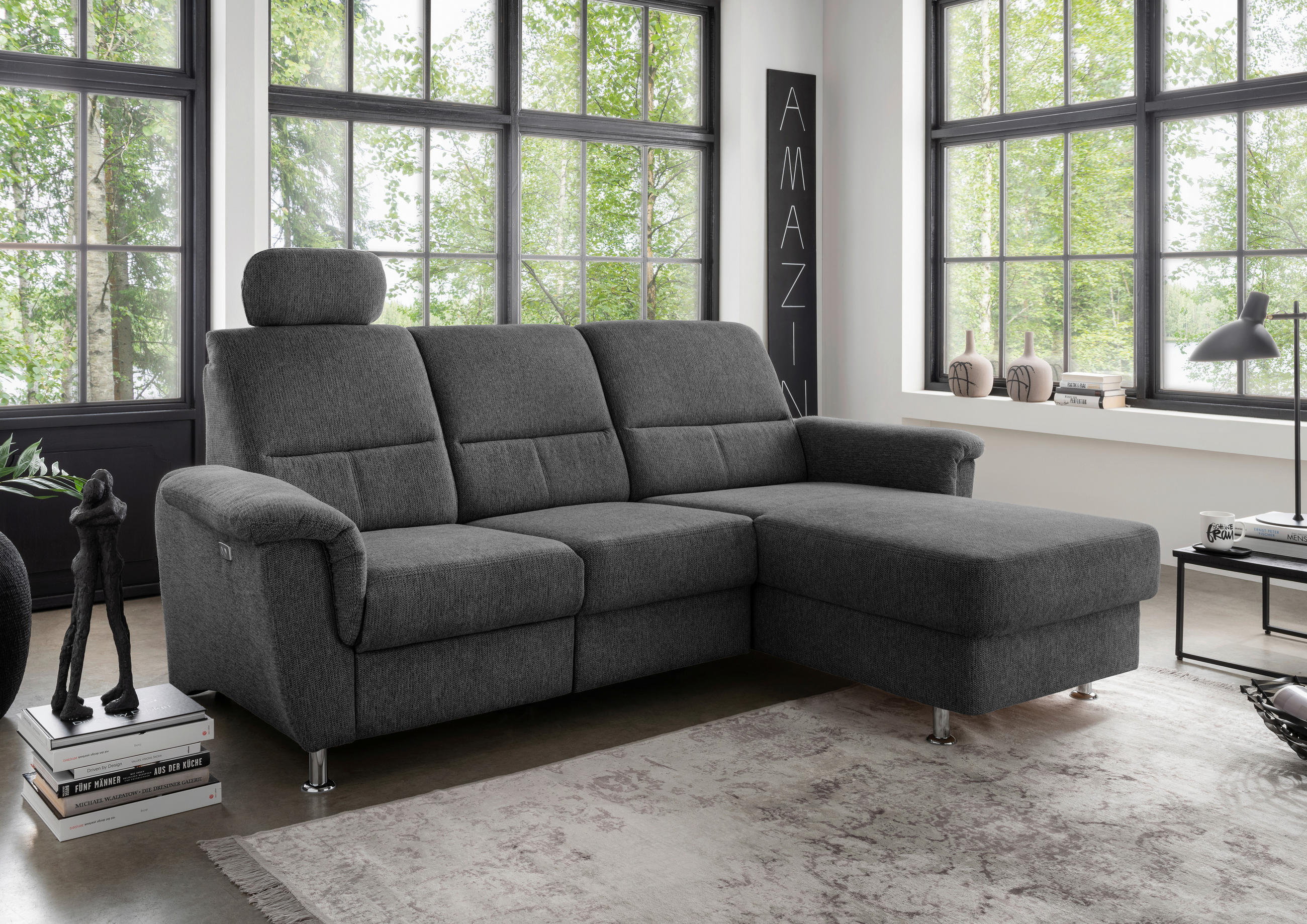 ECKSOFA in Chenille Anthrazit  - Chromfarben/Anthrazit, Modern, Textil/Metall (231/165cm) - Livetastic