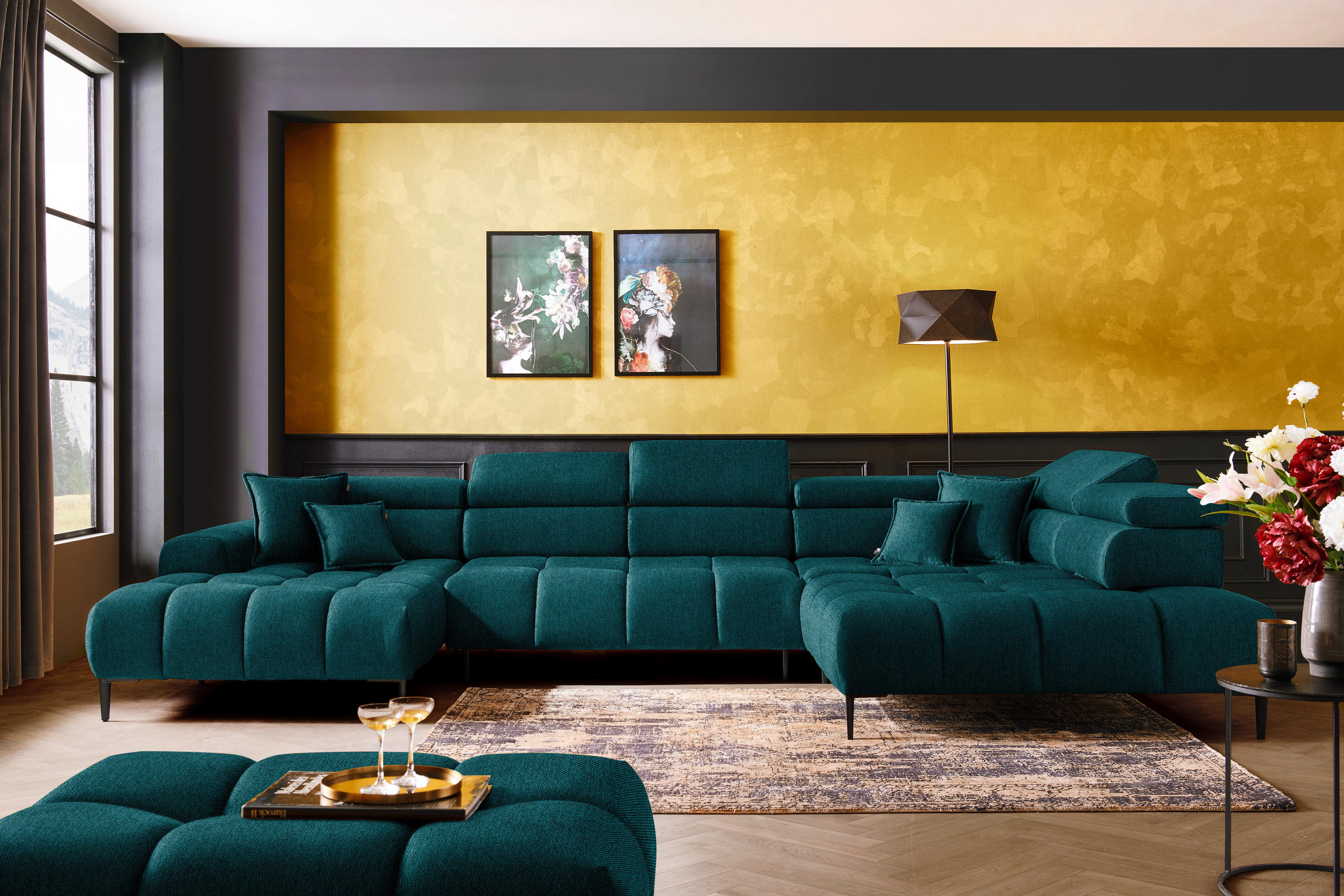 Thumbnail - Welnova Wohnlandschaft, Petrol, Textil, Uni, 7-Sitzer, U-Form, 385x216 cm, Made in EU, Typenauswahl, Stoffauswahl, seite...