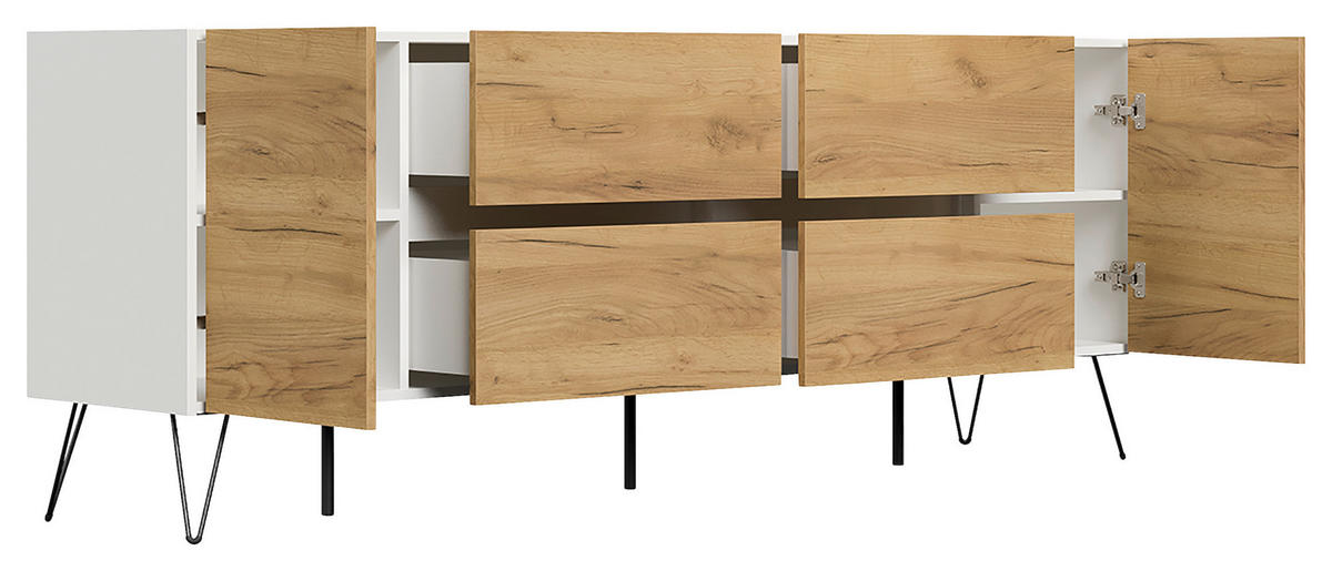 SIDEBOARD Posseik Industrial  in 199/75,8/42 cm  - Eichefarben/Weiß Hochglanz, Design, Holzwerkstoff/Metall (199/75,8/42cm) - P & B