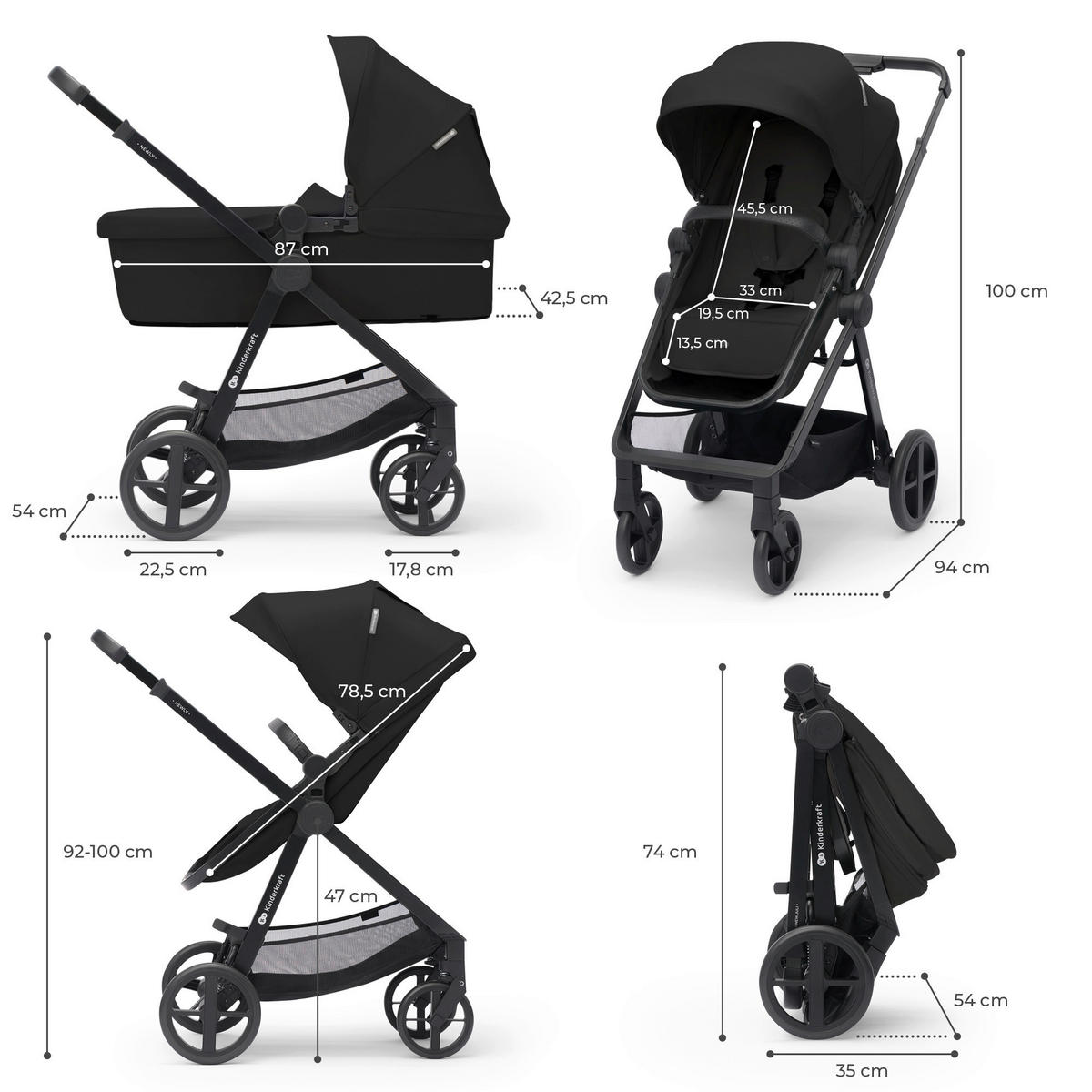 KINDERWAGENSET Newly 4 in 1  - Schwarz, Basics, Metall (54/100/94cm) - kinderkraft
