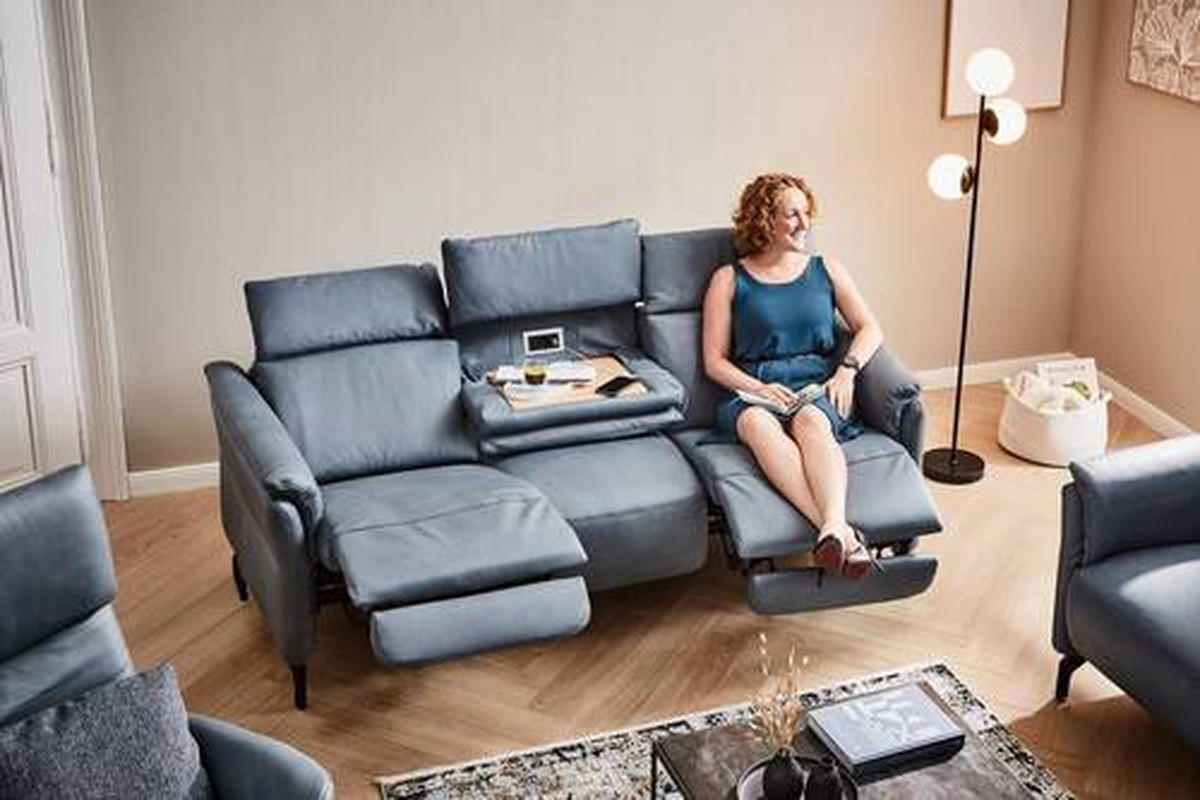 TRAPEZSOFA in Echtleder Graublau  - Graublau/Schwarz, Konventionell, Leder/Metall (221/103/95cm) - Dieter Knoll
