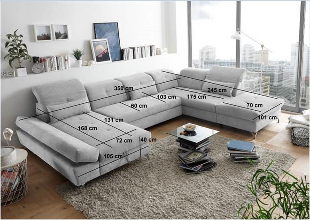 WOHNLANDSCHAFT in Mikrovelours Hellgrau  - Silberfarben/Hellgrau, Modern, Textil/Metall (168/350/245cm) - MID.YOU