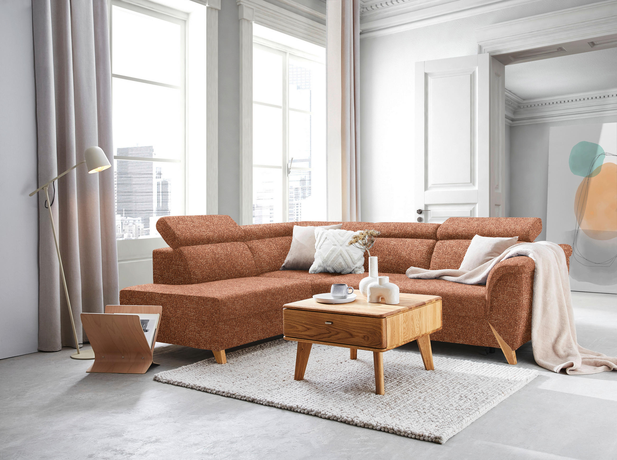 ECKSOFA in Bouclé Cognac  200/265 cm  - Cognac/Naturfarben, KONVENTIONELL, Holz/Textil (200/265cm) - Stylife