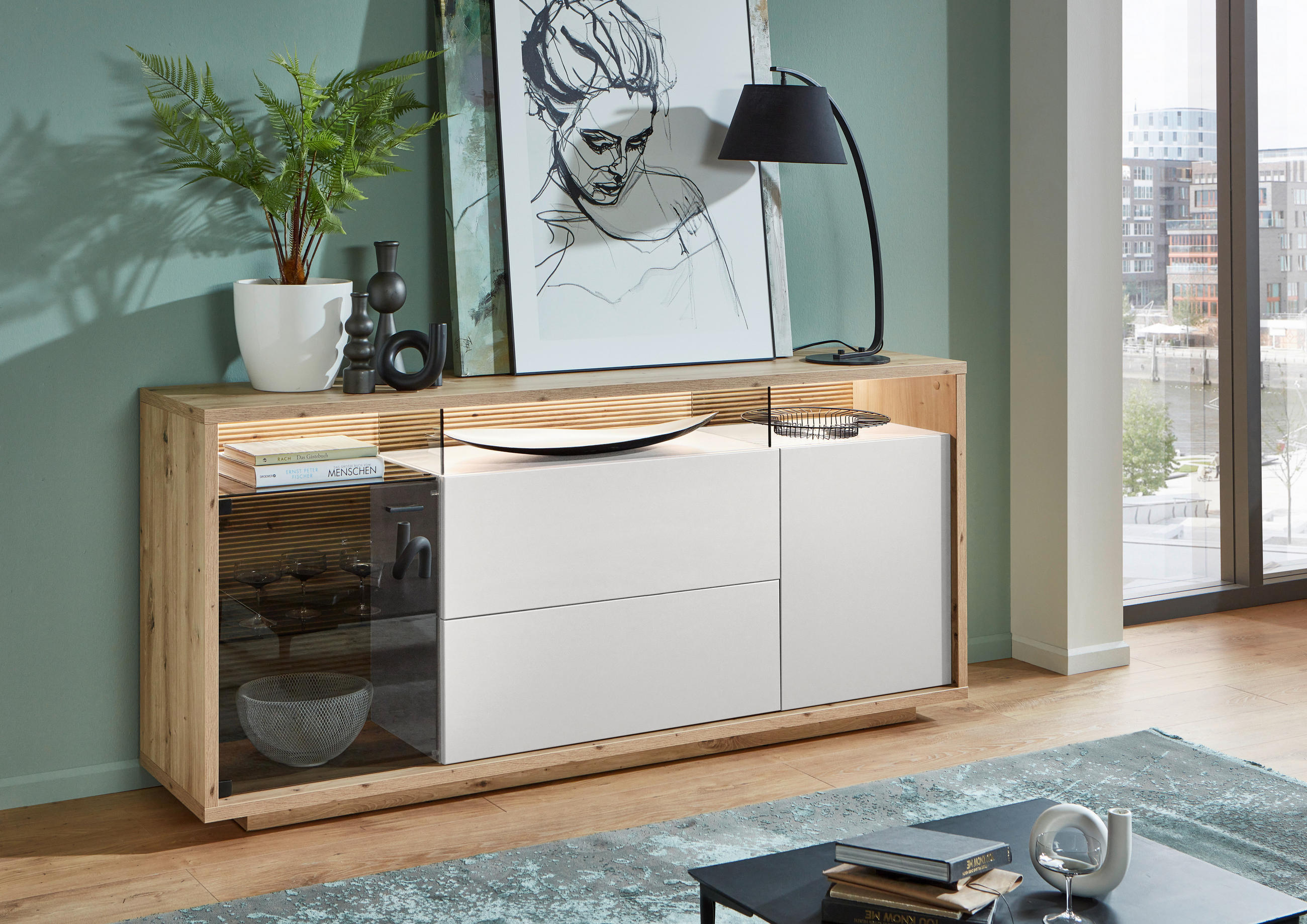 SIDEBOARD Weiss, Eiche Artisan  190/83,8/42 cm  - Weiss/Graphitfarben, Design, Glas/Holzwerkstoff (190/83,8/42cm) - Stylife