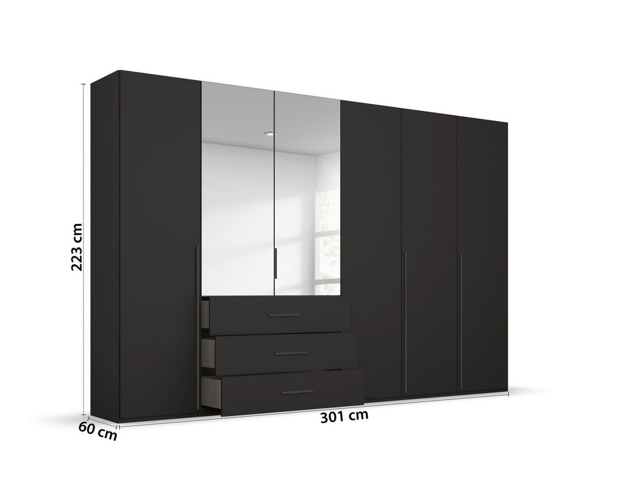 DREHTÜRENSCHRANK 301/223/60 cm,  in Schwarz, 6-türig  - Graphitfarben/Schwarz, Design, Glas/Holzwerkstoff (301/223/60cm) - home24