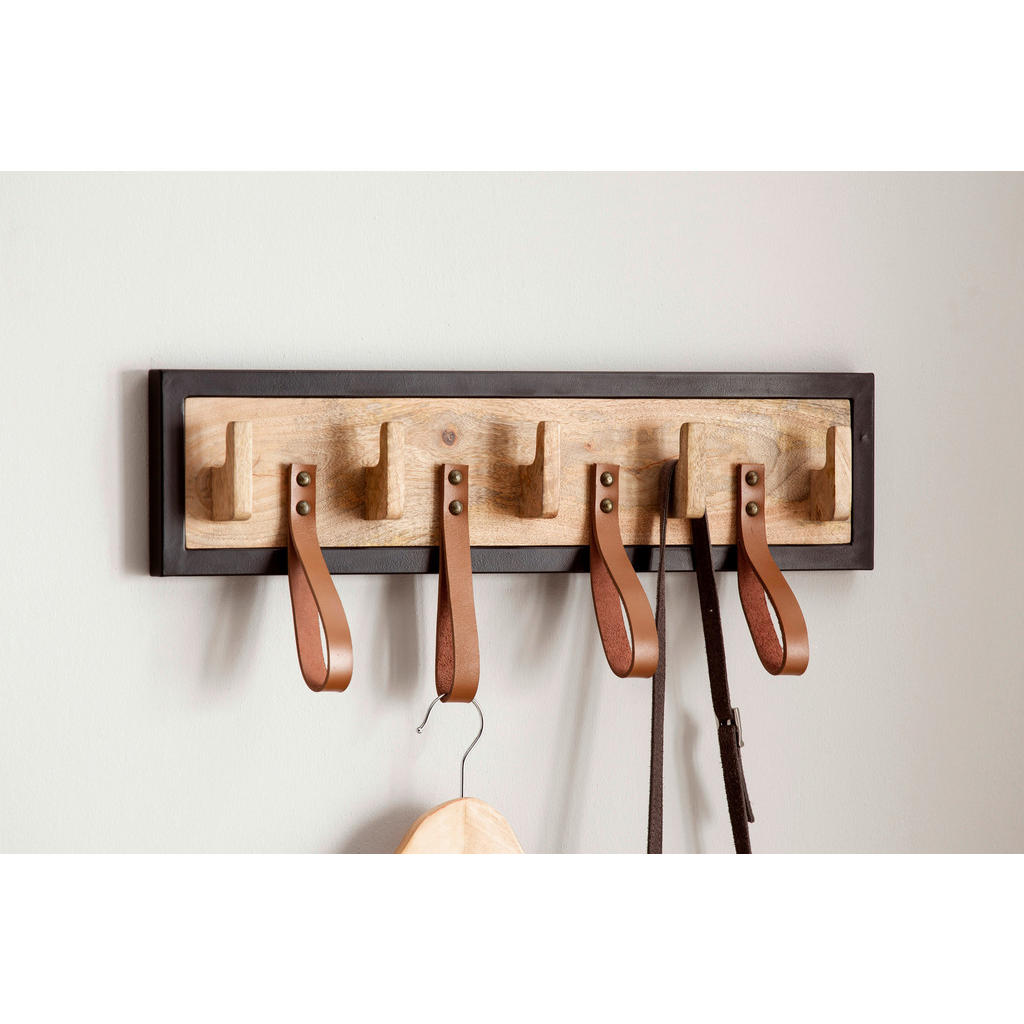 Thumbnail - Mid.you Wandgarderobe, Braun, Schwarz, Holz, Metall, Leder, Echtleder, Büffelleder, Mangoholz, massiv, 60x15x6 cm, Garde...