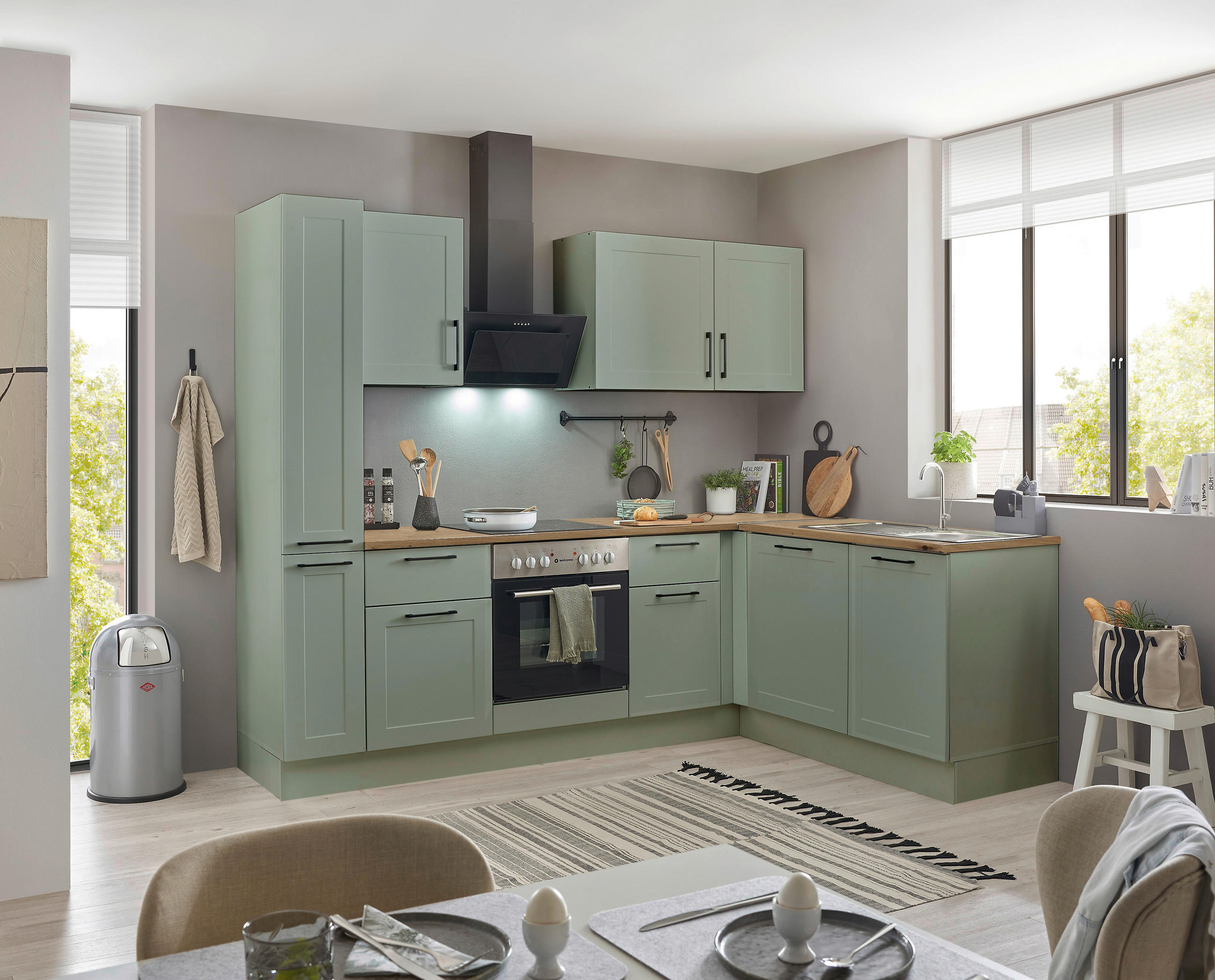P & B Eckküche Marseille green2 Grün, Eiche Artisan 250x175 cm