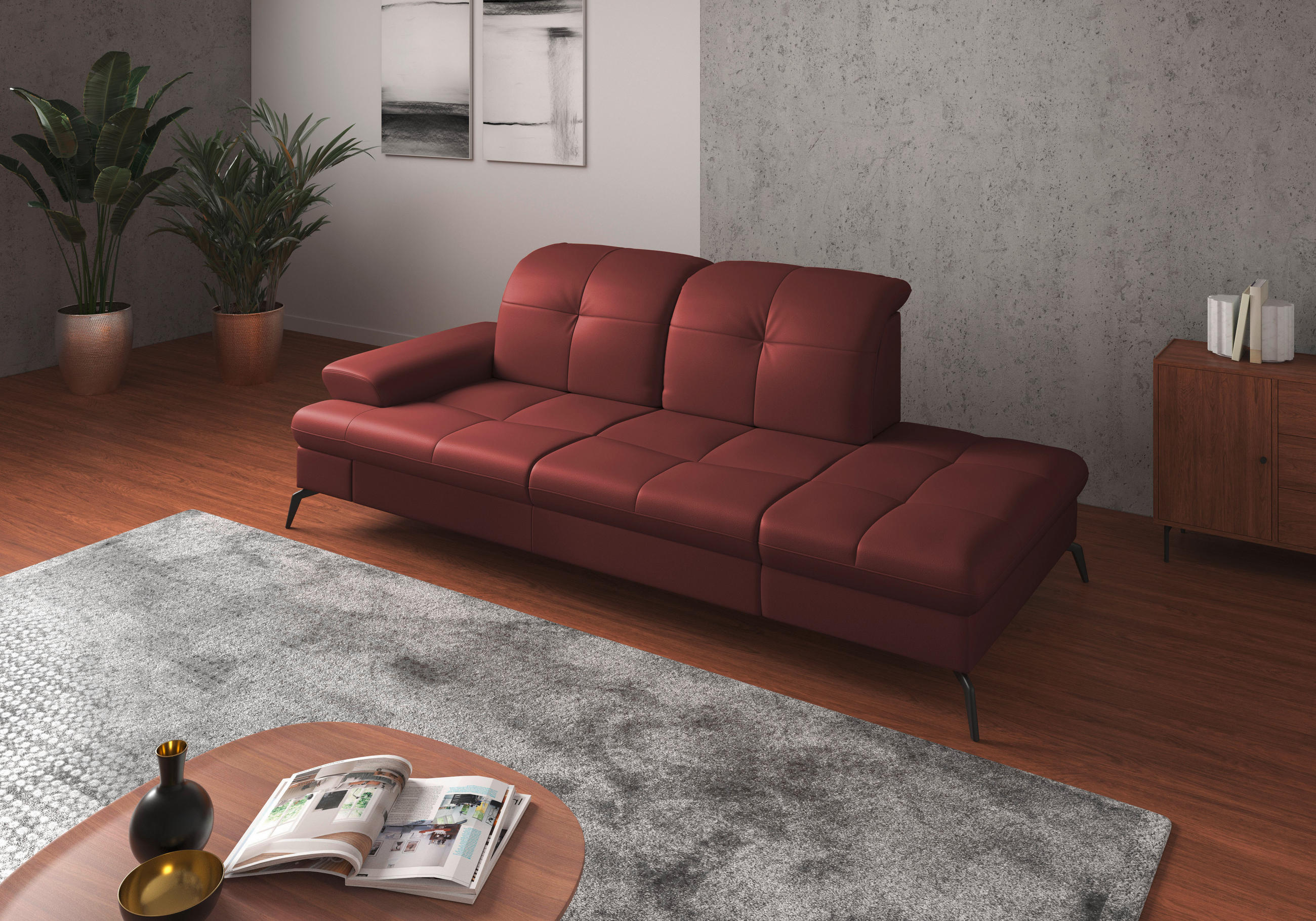 RÉCAMIERE Rotbraun Echtleder  - Rotbraun/Schwarz, KONVENTIONELL, Leder/Metall (231/90/122cm) - Sit & More
