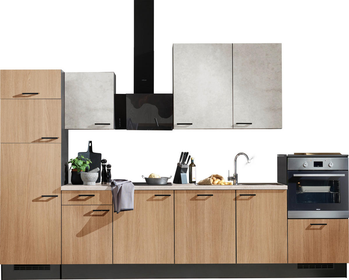 KÜCHENLEERBLOCK 340 cm   in Grau, Weiß, Eichefarben  - Eichefarben/Schwarz, Design, Holzwerkstoff/Metall (340cm) - Xora