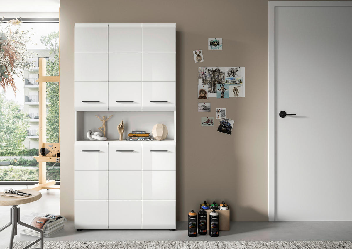 HOCHSCHRANK 90/185/30 cm  - Weiß Hochglanz/Silberfarben, MODERN, Holzwerkstoff/Kunststoff (90/185/30cm) - MID.YOU