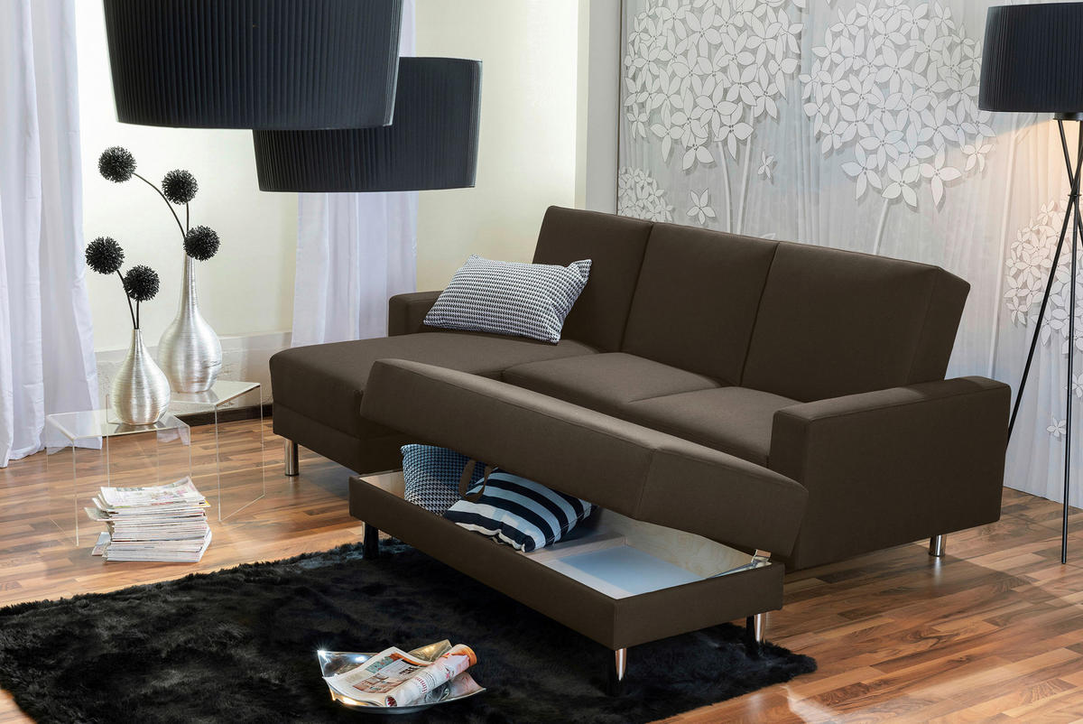 ECKSCHLAFSOFA inkl. Hocker in Braun Textil   - Chromfarben/Braun, Konventionell, Textil/Metall (152/230cm) - Max Winzer
