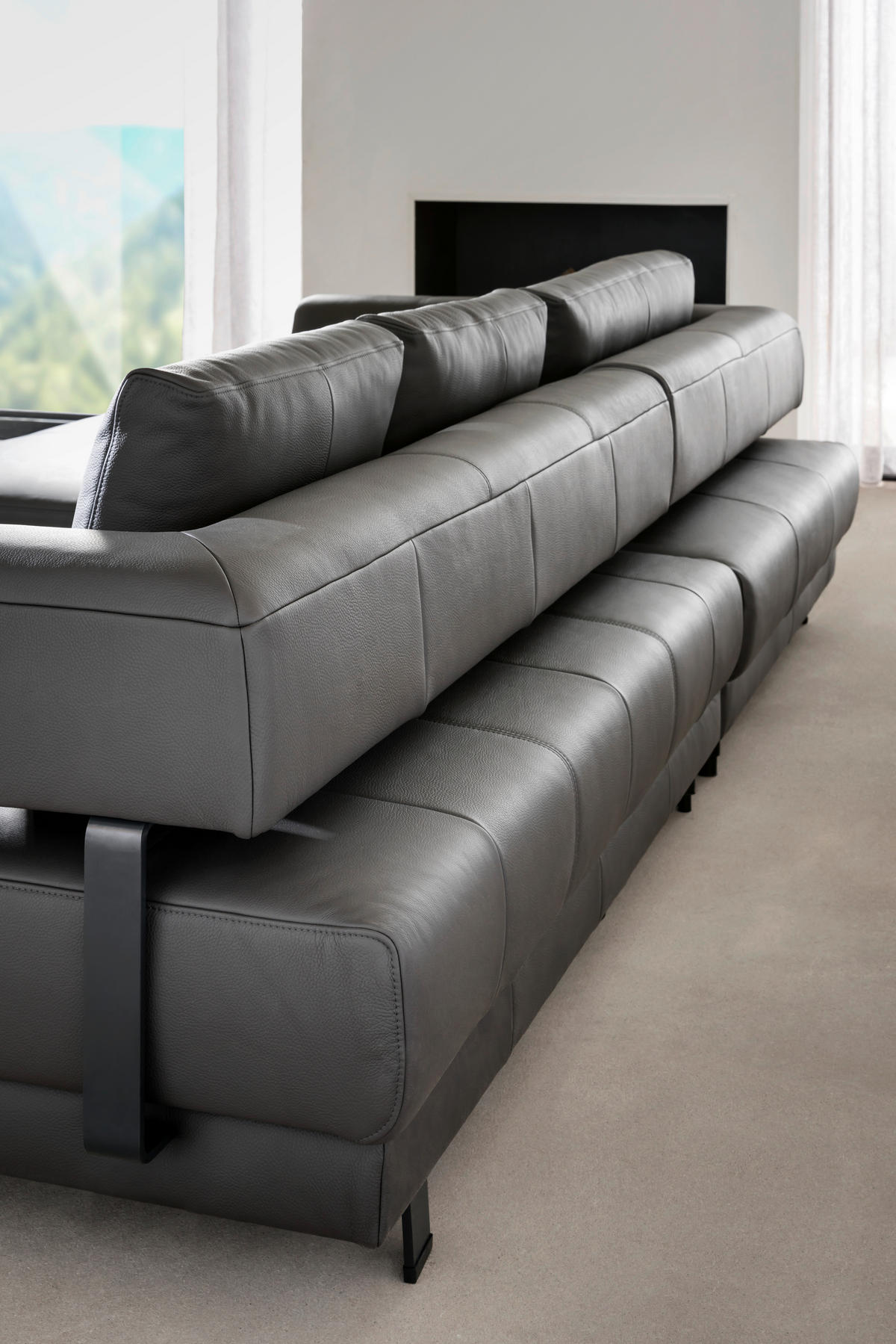 ECKSOFA in Echtleder Schieferfarben  - Schieferfarben/Schwarz, Design, Leder/Metall (188/307cm)