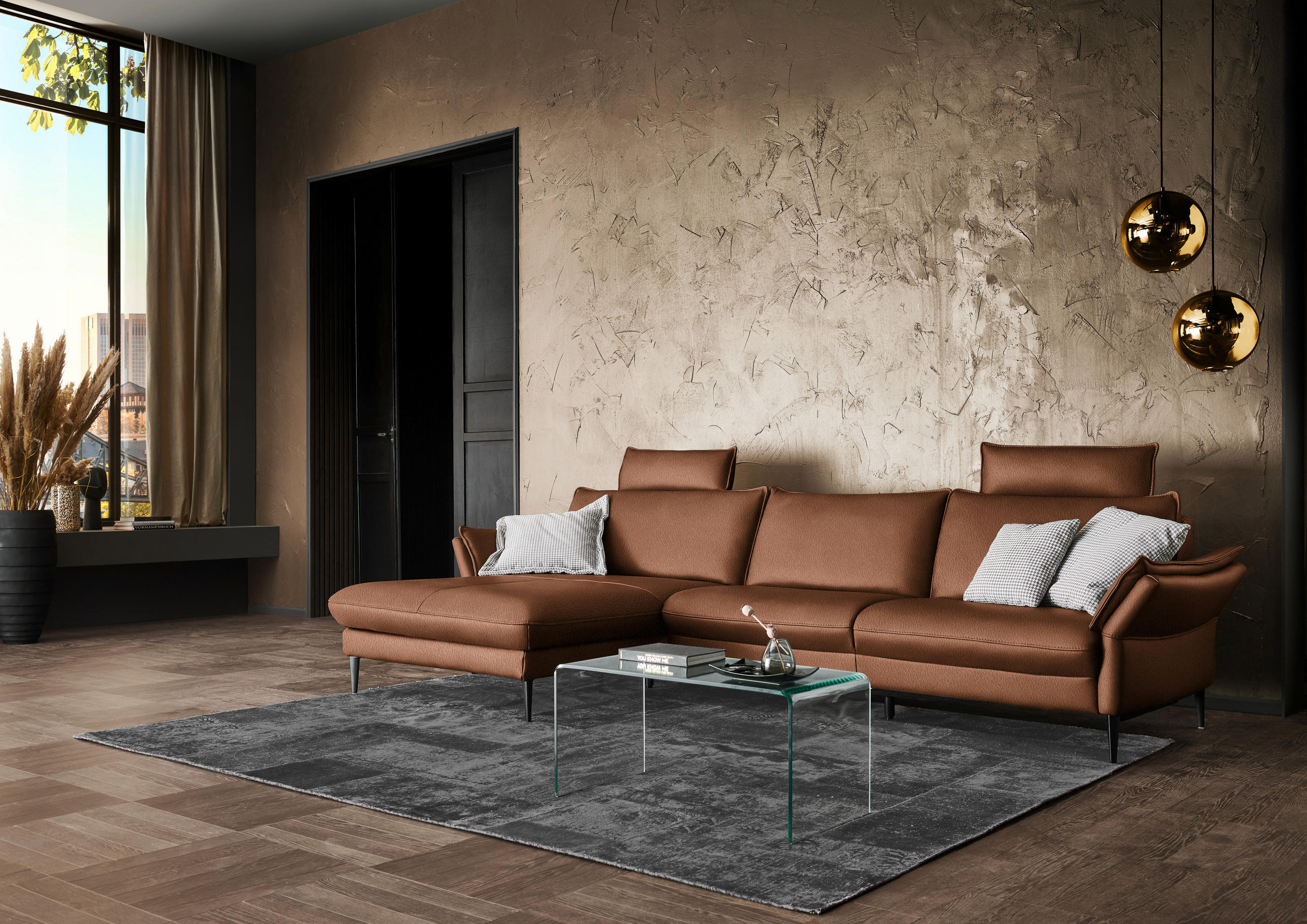 ECKSOFA  in Echtleder Cognac  172/334 cm  - Cognac/Schwarz, Design, Leder/Metall (172/334cm) - Hukla