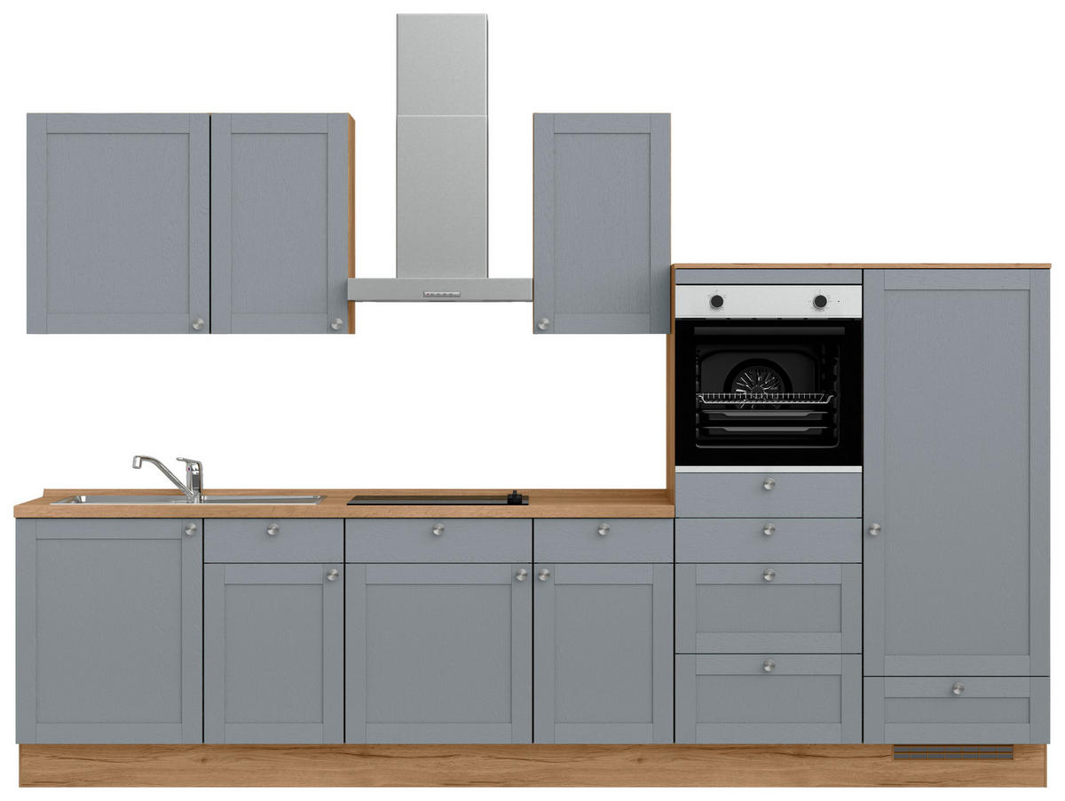 KÜCHENLEERBLOCK Frame 330 cm  in Eichefarben, Blaugrau  - Edelstahlfarben/Eichefarben, MODERN, Holzwerkstoff/Metall (330cm) - Nobilia